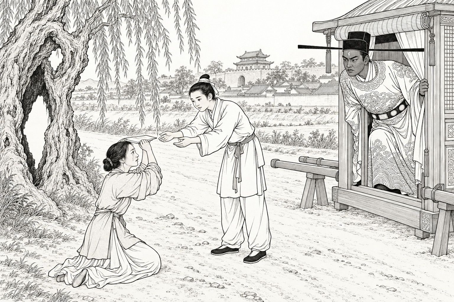 A line drawing in the manner of a late-Qing lithographed edition: on the road outside Sanxing Town, Madam Han, née Wen, kneels in front of a hollow old willow holding her written plea on her head, the page boy Bao Xing reaches out to take it, and Lord Bao leans out of his sedan chair to look at her.