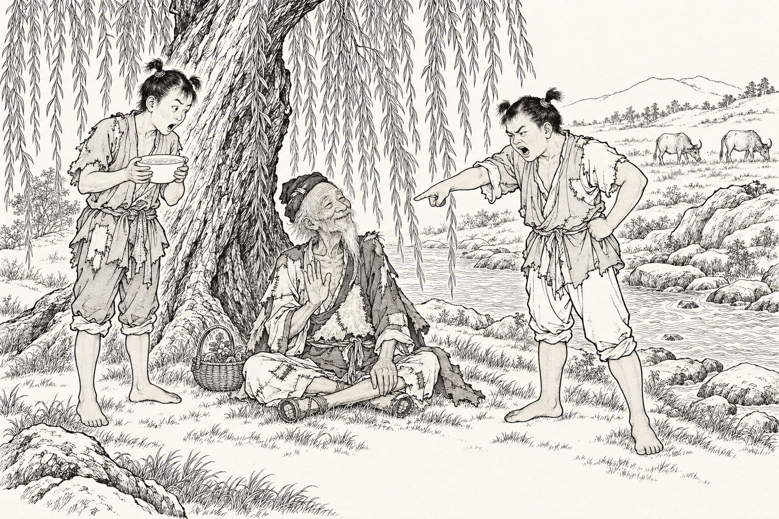A line drawing in the manner of a late-Qing lithographed edition: beneath a great weeping willow by a stream, a ragged old man sits cross-legged and smiles with one hand raised, while two barefoot herd boys stand over him, one holding a bowl of water and staring, the other pointing and scolding with a hand on his hip; two oxen graze far off.