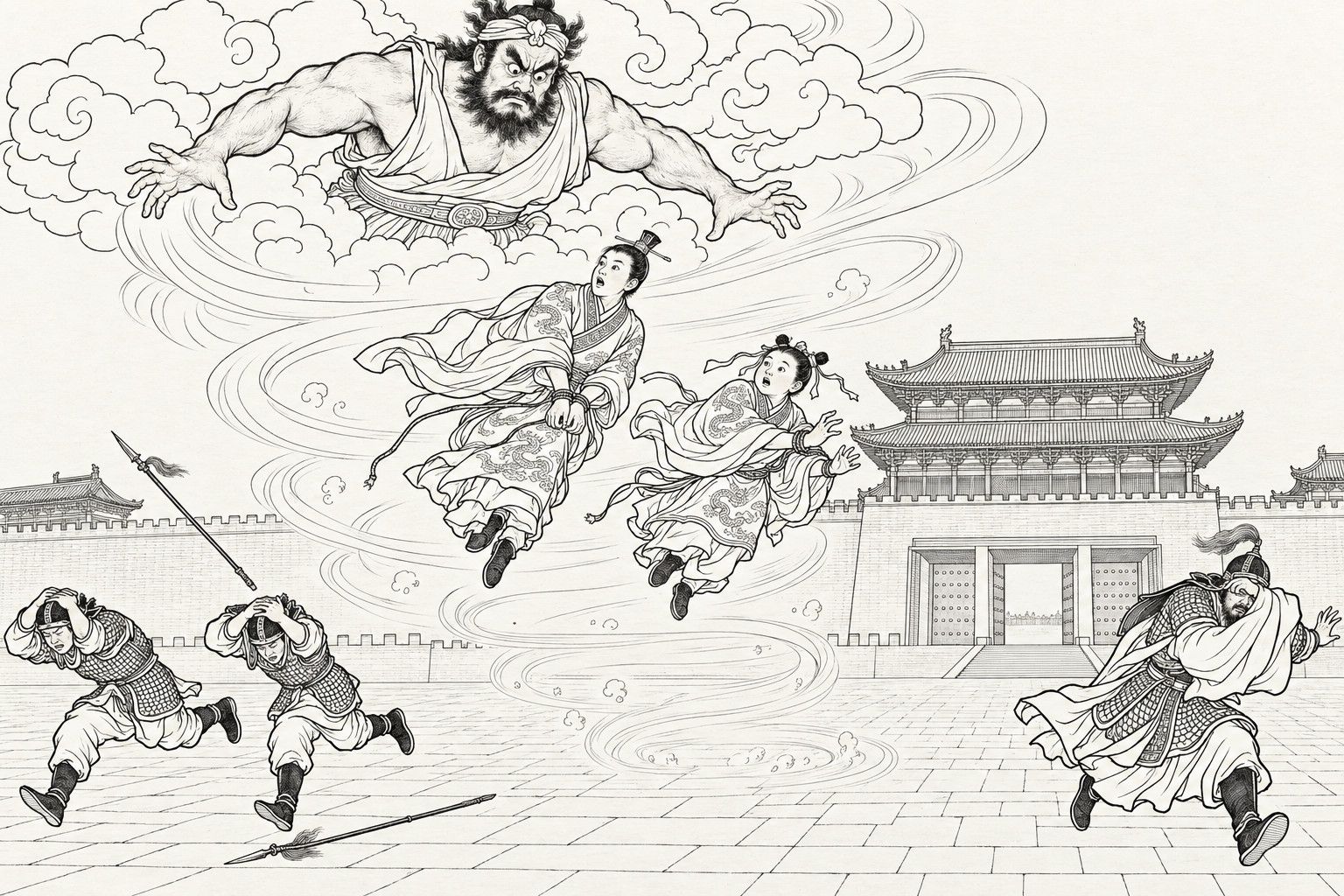 A line drawing in the manner of a late-Qing lithographed edition: in a paved yard before a palace gate tower, a spiral of wind rises to a cloud where a huge bearded warrior spirit in a headcloth sweeps his arms downward; two young princes with bound wrists float in mid-air with their sleeves streaming, while two soldiers with their arms over their heads and an armoured general with his sleeve across his face run away, spears dropped on the stones.