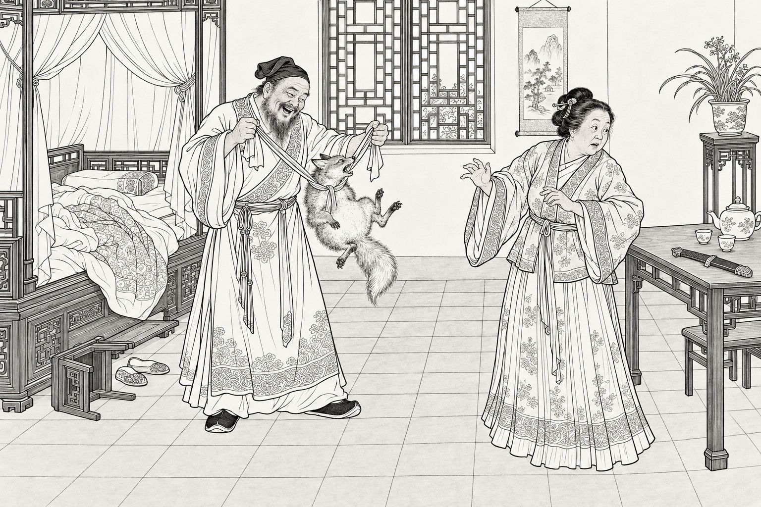 仿清末石印本的線描:白晝臥房裡,床帳半卷,鬚髮花白的老翁笑著雙手提起布帶,帶環中吊著一隻張嘴尖叫的狐,旁邊的老婦站在擺著茶壺、茶盞和刀的桌邊,舉著雙手張皇四顧。