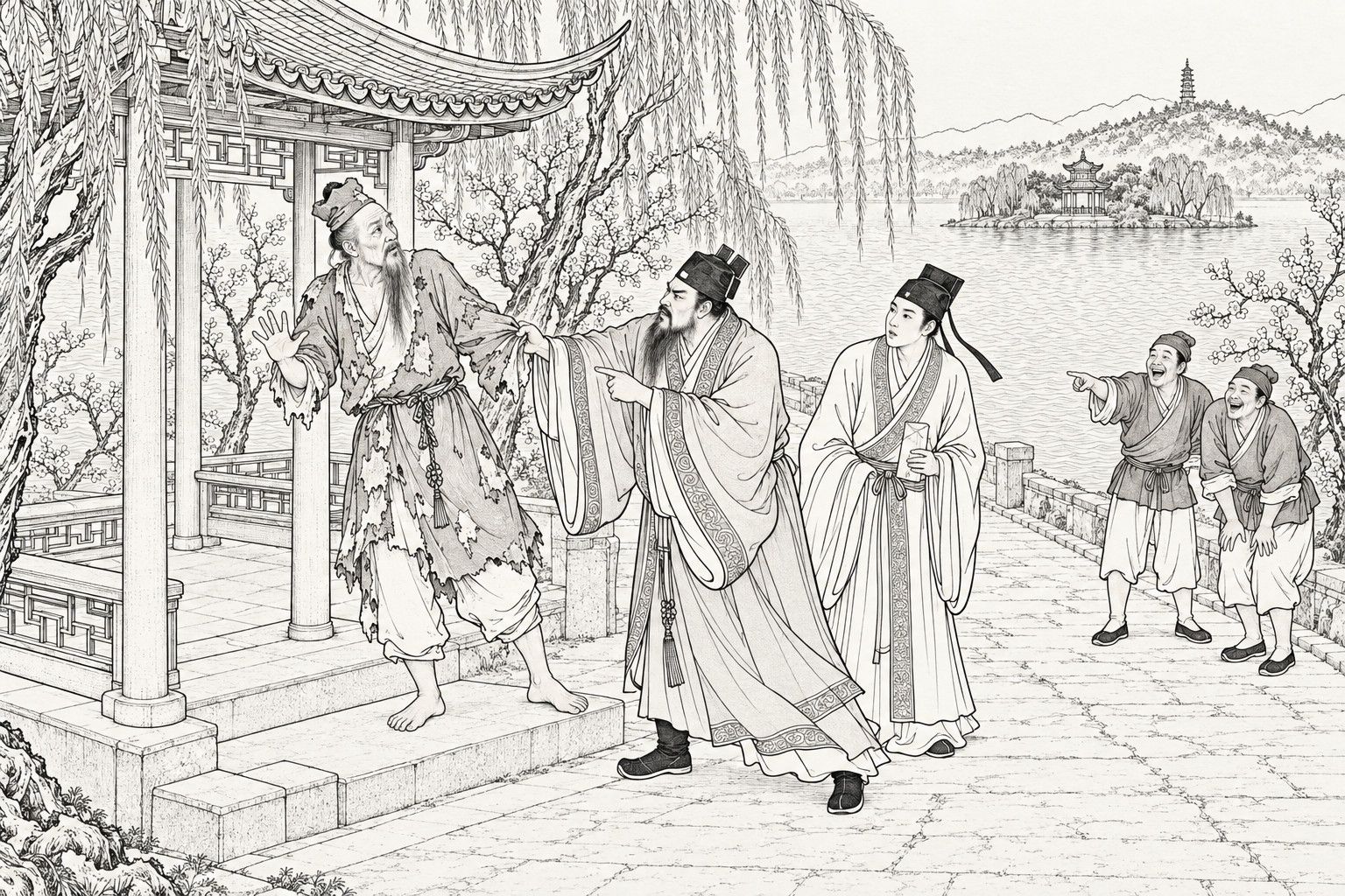 仿清末石印本的线描:湖畔长堤上,穿着又短又破的僧衣、赤着脚的长须男子一手张开往后仰,一位老爷揪住他的袖子,伸手指着他;后面年轻书生手里拿着一个小纸包,右边两个市民笑着指点;亭子、垂柳和远处的塔衬在四周。