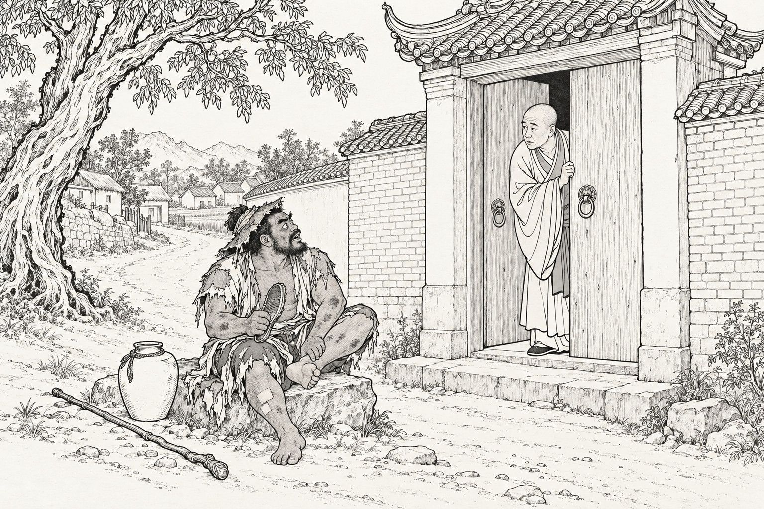 A line drawing in the manner of a late-Qing lithographed edition: Zhao Hu, disguised as a beggar in a burst hat and rags, sits on a stone outside a village temple raising his worn-out slipper in one hand, while the temple’s monk peers out at him from the half-open gate.