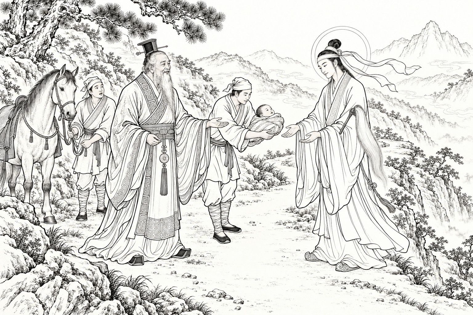 仿清末石印本的線描:雨後山路上,戴平頂冠的白鬚諸侯伸手示意,裹頭巾的隨從把襁褓中的嬰兒遞給頭後有光圈、身側垂著長拂塵的年輕道人;另一個隨從牽著一匹備好鞍的馬站在後面。