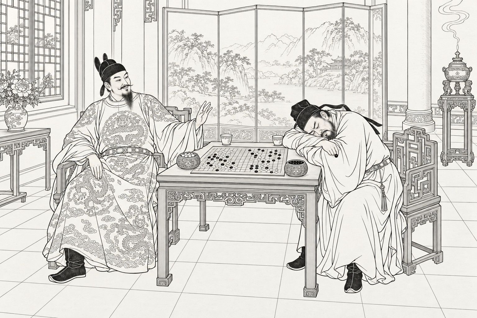A line drawing in the manner of a late-Qing lithographed edition: in a side hall of the Tang palace, before a folding screen painted with a landscape, Emperor Taizong, in a black cap with two upturned wings and a robe embroidered with dragons, sits back in his chair with one hand on his knee and the other raised, smiling across the go board at his chancellor Wei Zheng, who has fallen asleep over the unfinished game, his head on his folded arms and a stone still between his fingers.