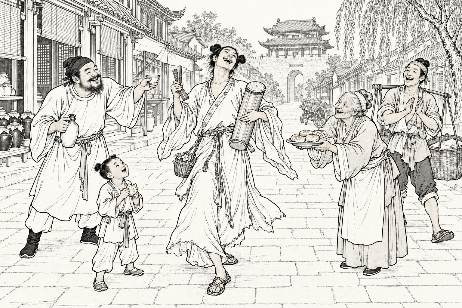 仿清末石印本的線描:市井街心,衣衫破爛的道人腋下夾著漁鼓、手持簡板,大笑著邊唱邊舞;一個大鬍子男人遞上酒杯,老婦捧來一盤果餅,挑夫拍手,腳邊的小孩正吃著餅。