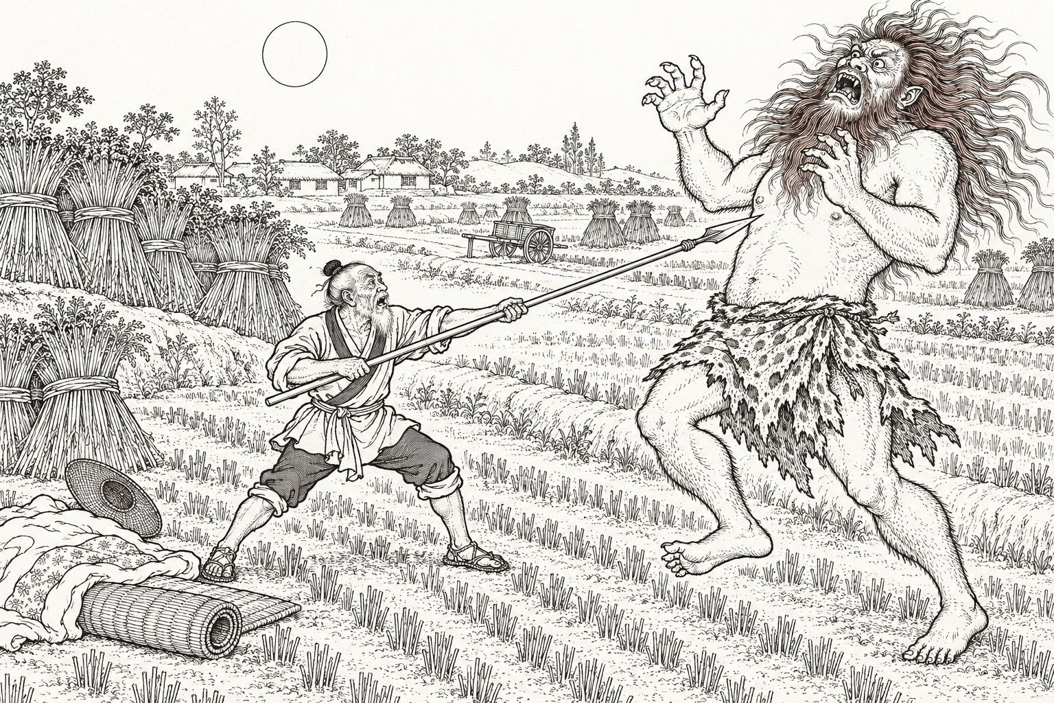 A line drawing in the manner of a late-Qing lithographed edition: on an autumn night in a field of cut buckwheat under a thin round moon, an old farmer in a short jacket and rolled-up trousers braces his legs and thrusts a long spear with both hands at a towering wild-haired, bearded giant in a ragged hide skirt, who throws back his head, roars and recoils with raised hands, while the old man's bedding roll and fallen bamboo hat lie in the foreground and sheaf stacks, a hand cart and village huts stand behind.