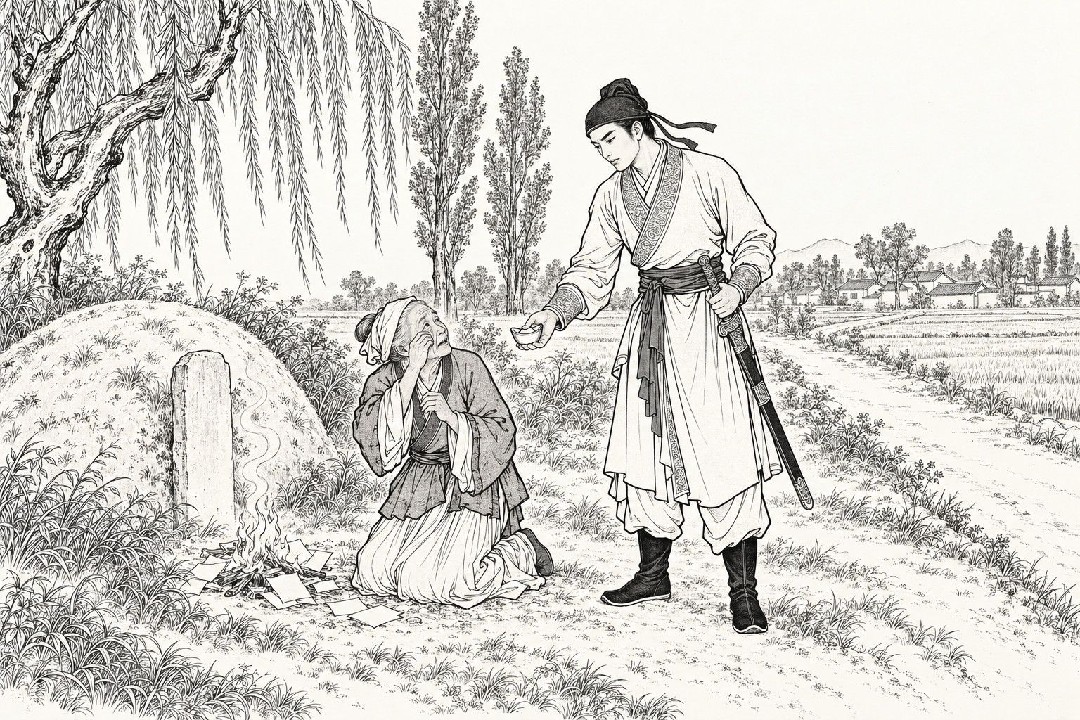 A line drawing in the manner of a late-Qing lithographed edition: beside a lonely grave among the fields, old Mrs. Yang kneels by the paper offerings she is burning and wipes her eyes, as the young knight-errant Zhan Zhao holds out a silver ingot to her, his other hand on his sword.