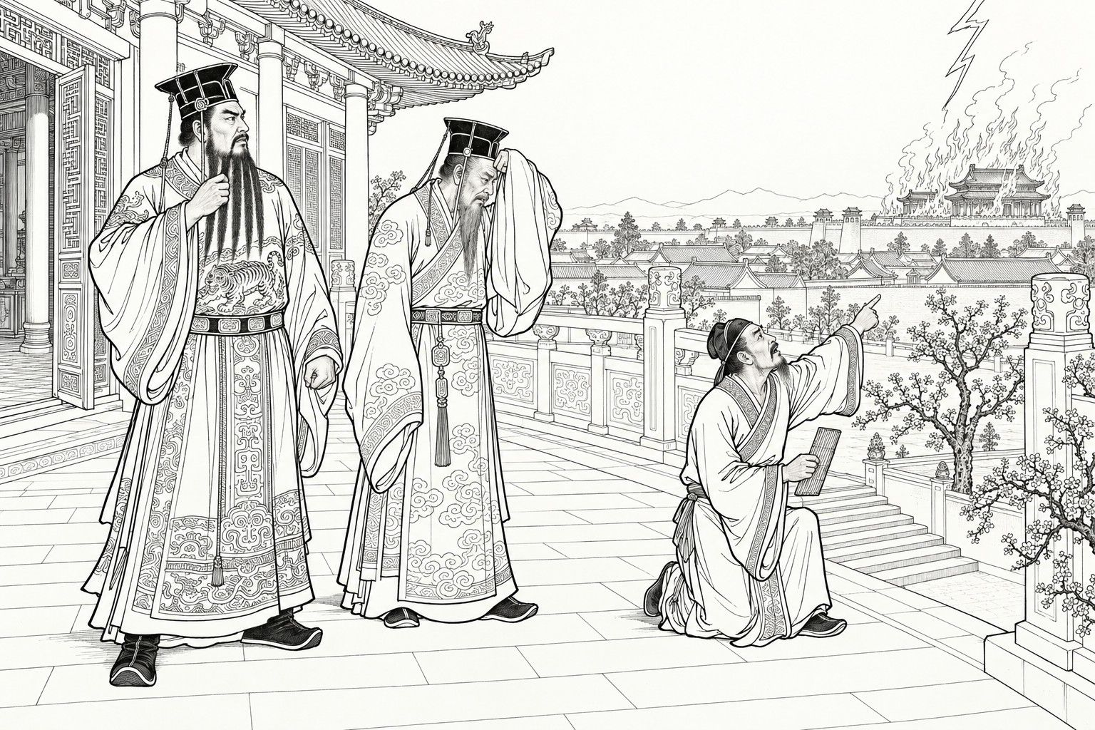 A line drawing in the manner of a late-Qing lithographed edition: on a mansion terrace, a tall general with a tiger on his robe grips one of the five long locks of his beard and stares grimly into the distance, an older minister raises a wide sleeve to his brow, and a kneeling officer with a bamboo tablet points up at distant temple roofs burning under a bolt of lightning.