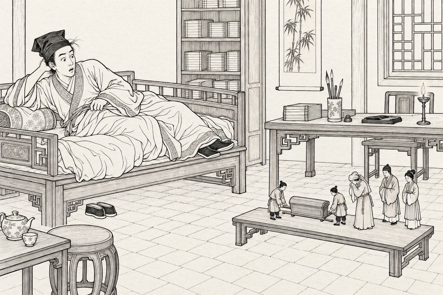 A line drawing in the manner of a late-Qing lithographed edition: In the lamplit evening study of a country house, a young scholar propped on one elbow on his couch stares wide-eyed at a long low bench, where two tiny bearers have set down a hand-sized coffin and a tiny mourning woman weeps into her sleeve beside a tiny manservant and maid, with a bookshelf, desk, lamp and lattice window behind them.