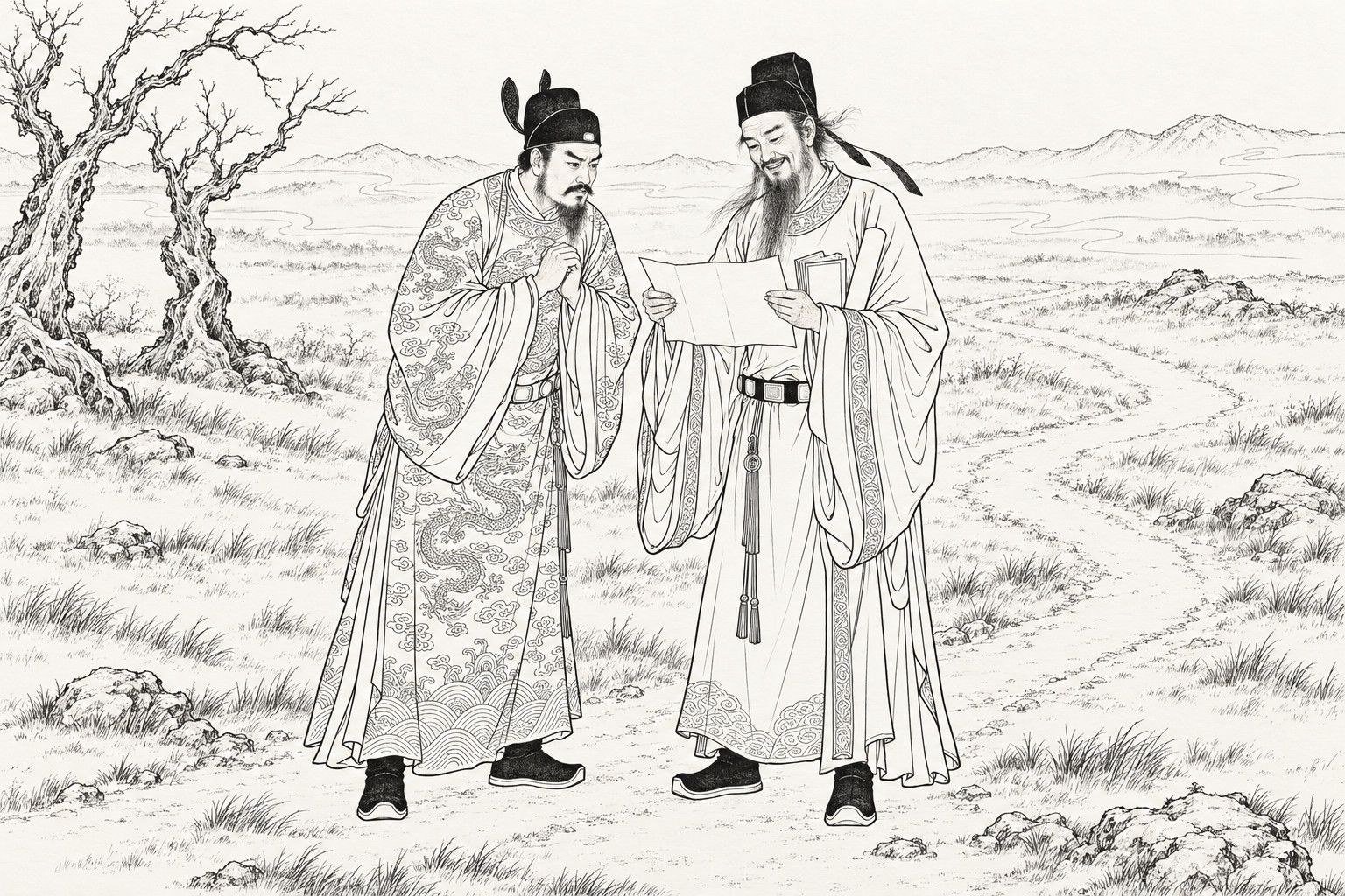 A line drawing in the manner of a late-Qing lithographed edition: on a bare, empty moor in the world of the dead, a bearded emperor in a dragon-embroidered robe and winged cap stands with hands clasped, watching anxiously, while a tall, smiling underworld judge with flowing beard holds up an unfolded letter to read it, with a winding path, withered twisted trees, tufts of grass, rocks and distant hills behind them.