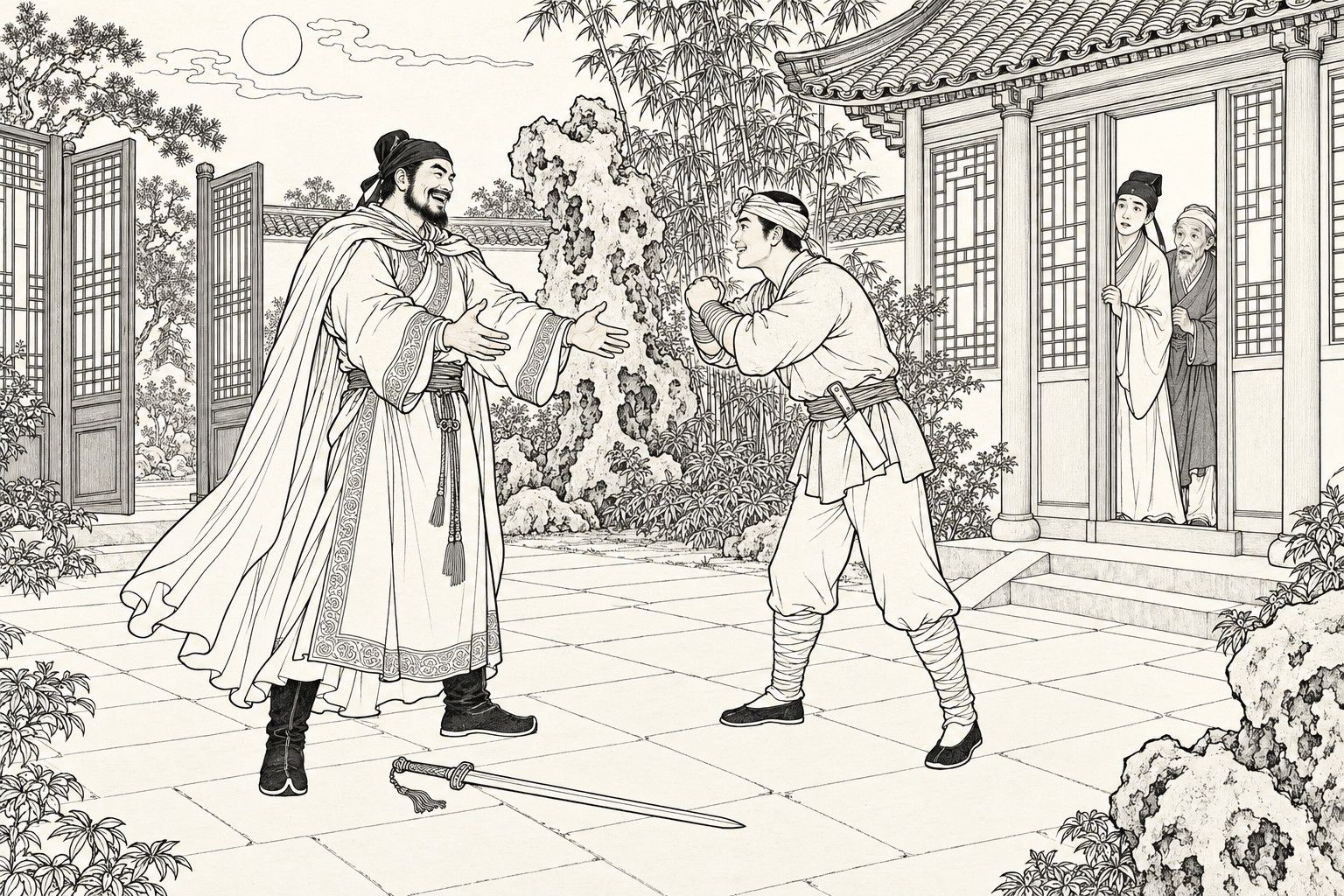 A line drawing in the manner of a late-Qing lithographed edition: in a garden courtyard at night, a bearded man in a long cloak holds out both hands in welcome to a young man in a headband and short jacket, who bows with clasped fists, a cleaver in his sash; a sword lies on the paving between them, and two people peep out of a doorway at the right.