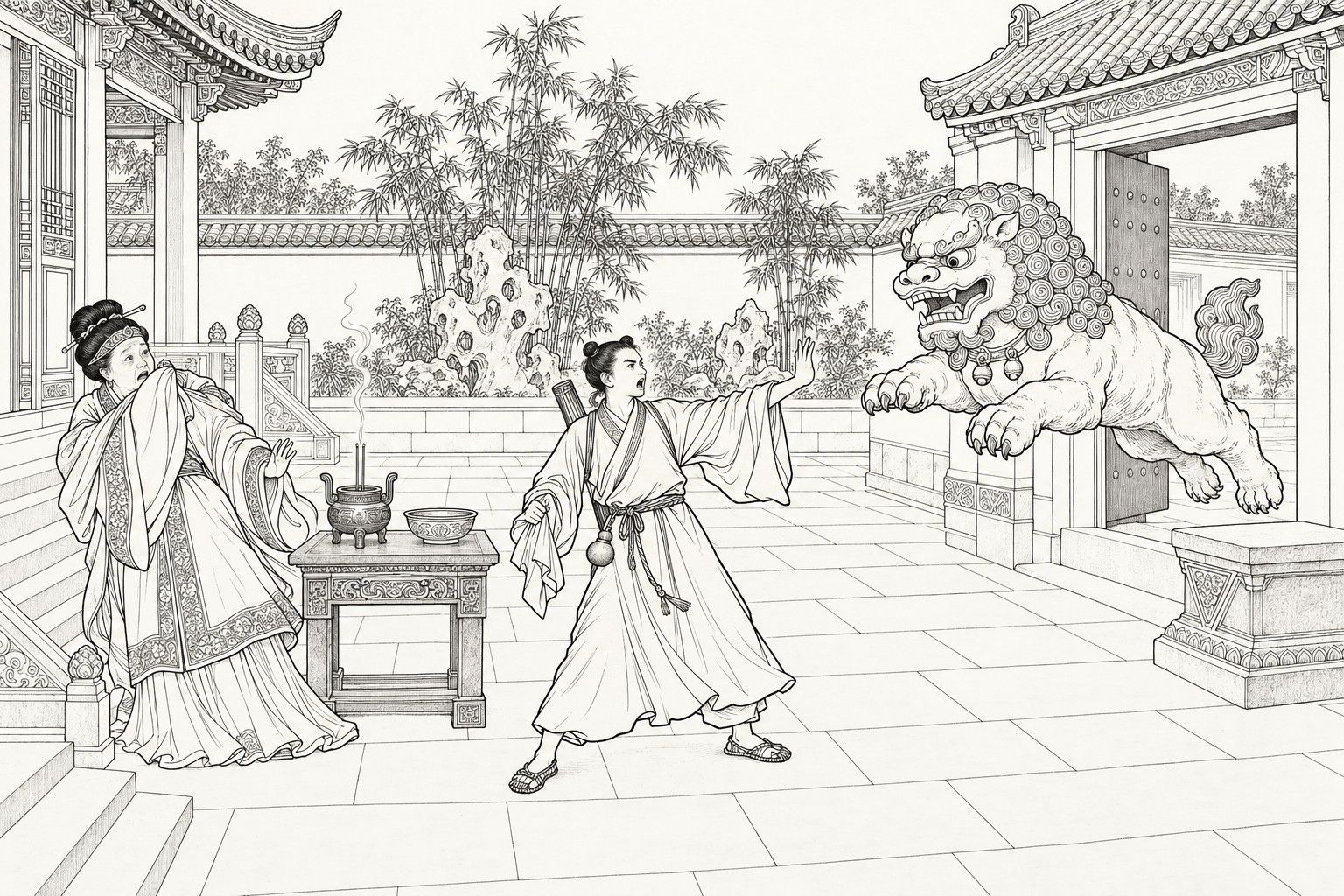 A line drawing in the manner of a late-Qing lithographed edition: in a courtyard before a gateway, a young Daoist with a gourd at his waist holds a cloth in one hand and raises the other to halt a stone lion leaping in through the gate, while an elderly lady beside an incense table shrinks back and covers her face with her sleeve.