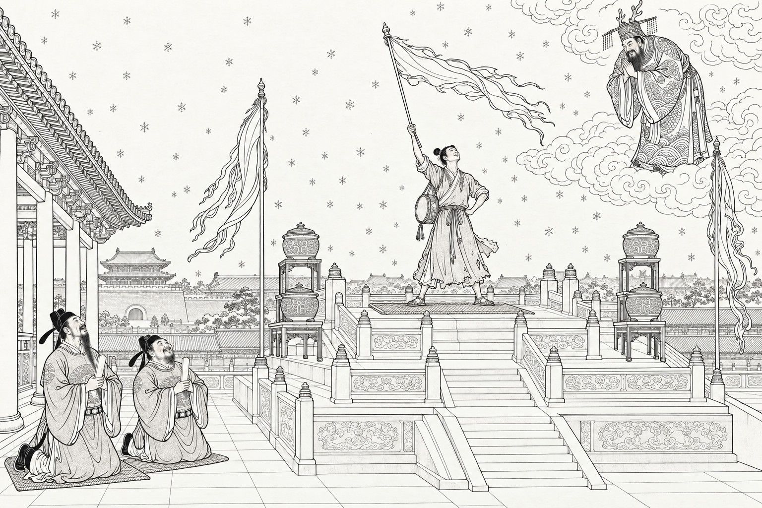 A line drawing in the manner of a late-Qing lithographed edition: a young Daoist stands on a tiered altar holding up a streaming banner while snowflakes fall; a dragon king in a horned crown bows with joined hands from a bank of cloud, and two officials kneel in a corridor below, looking up.