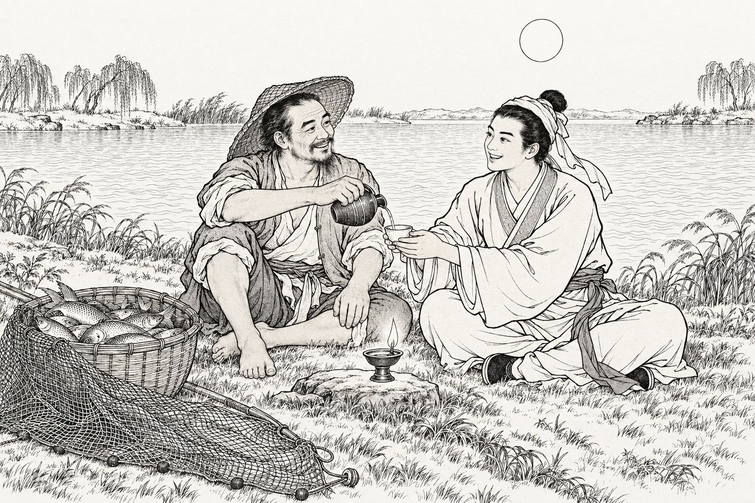 仿清末石印本的線描:圓月下的河岸,戴竹笠的有須漁夫坐在草地上,從小酒壺裡往對面盤腿而坐、含笑遞杯的青年杯中斟酒;旁邊有一筐魚、一張鋪在岸上的漁網和一盞小燈。