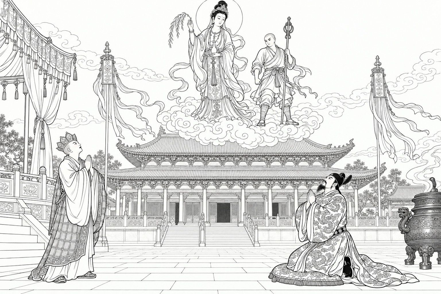 A line drawing in the manner of a late-Qing lithographed edition: in the courtyard of a great temple by day, a goddess holding a slender vase and a willow sprig stands on a scrolling cloud above the hall roofs with a shaven-headed young attendant holding an iron staff, while below a crowned monk in a patterned robe stands with palms pressed together and a bearded emperor in a dragon robe kneels on a cushion, both gazing up, with banner poles, a lecture platform with a canopy and a bronze incense burner around them.