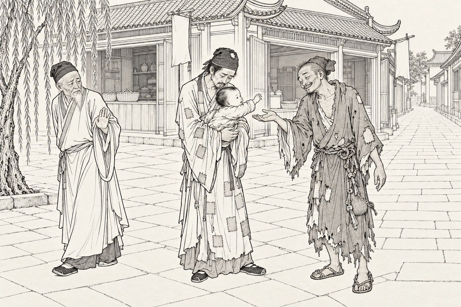 A line drawing in the manner of a late-Qing lithographed edition: on a street corner, a gaunt scholar in a patched gown and a worn cap holds his baby son in both arms; the baby reaches toward a ragged monk who grins and holds out an open hand, while a white-bearded old man at the left draws back with his palm raised in refusal; shop fronts and a willow stand behind.
