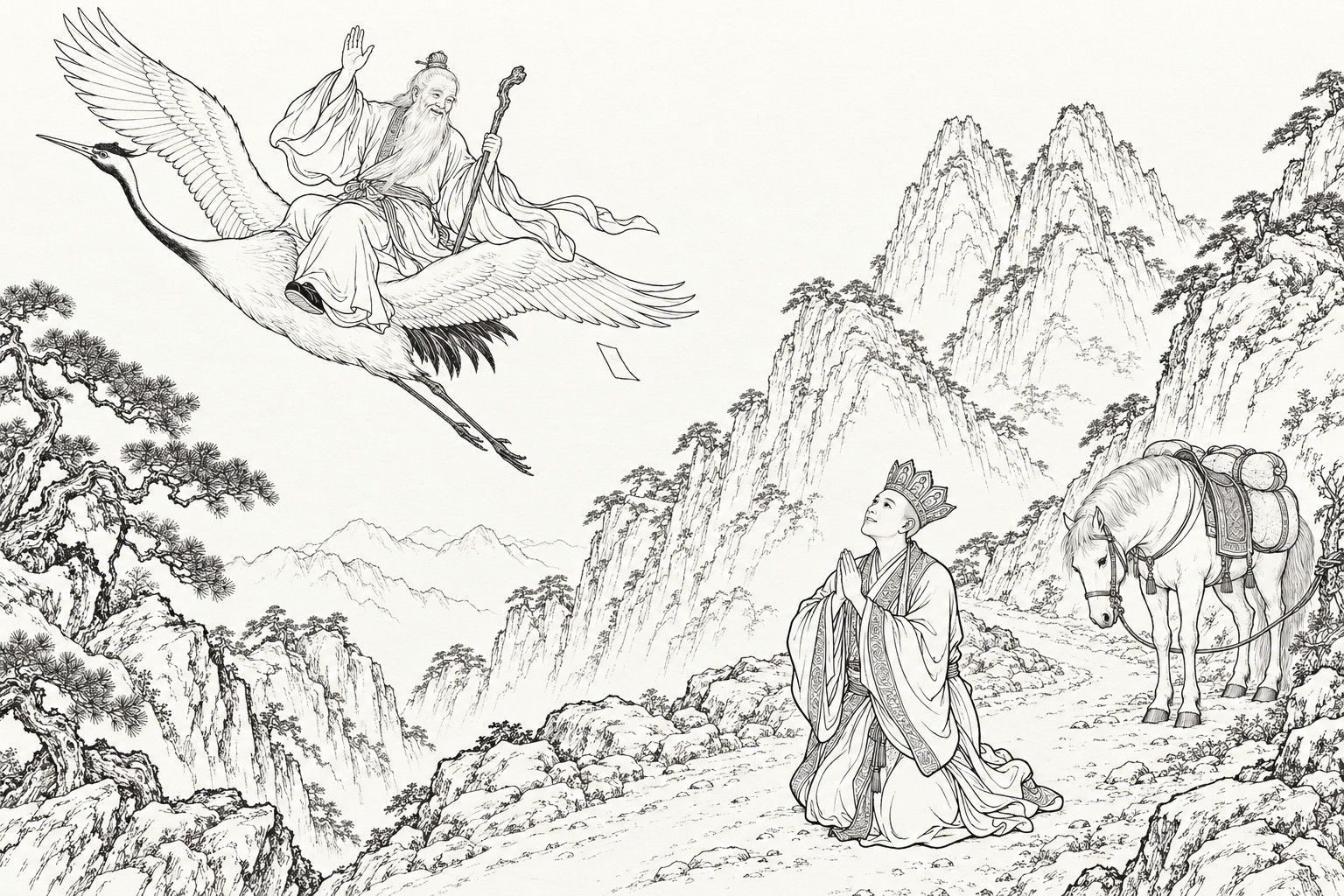 A line drawing in the manner of a late-Qing lithographed edition: on a mountain ridge, the old god Taibai Jinxing rises into the sky on a crane, a staff in one hand and the other raised in farewell, a slip of paper drifting down behind him; the monk Xuanzang kneels on the rocky road below with his palms together and his face turned up, and his white horse, loaded with two bundles, stands tethered at the right beneath twin peaks and old pines.