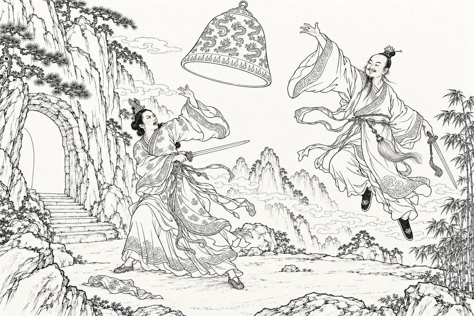 A line drawing in the manner of a late-Qing lithographed edition: in front of a mountain cave with an empty arched doorway, a smiling bearded Daoist leaps into the air and flings a bell-shaped cover patterned with nine small dragons over a stern woman, who twists away with a sword in her hand and one arm thrown up, a kerchief fallen on the rock platform behind her.