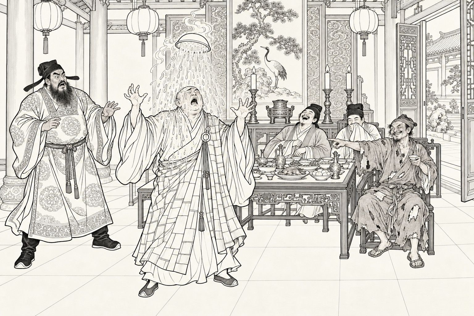 A line drawing in the manner of a late-Qing lithographed edition: in a festive hall, a plump monk in a patchwork kasaya stands with his arms flung up as a bowl floating upside down above his bald head pours soup over him; a bearded host in a flowered robe at the left stares in dismay, two guests at a table behind laugh, and a ragged monk seated at the right points a finger at him, a wine cup in his other hand.