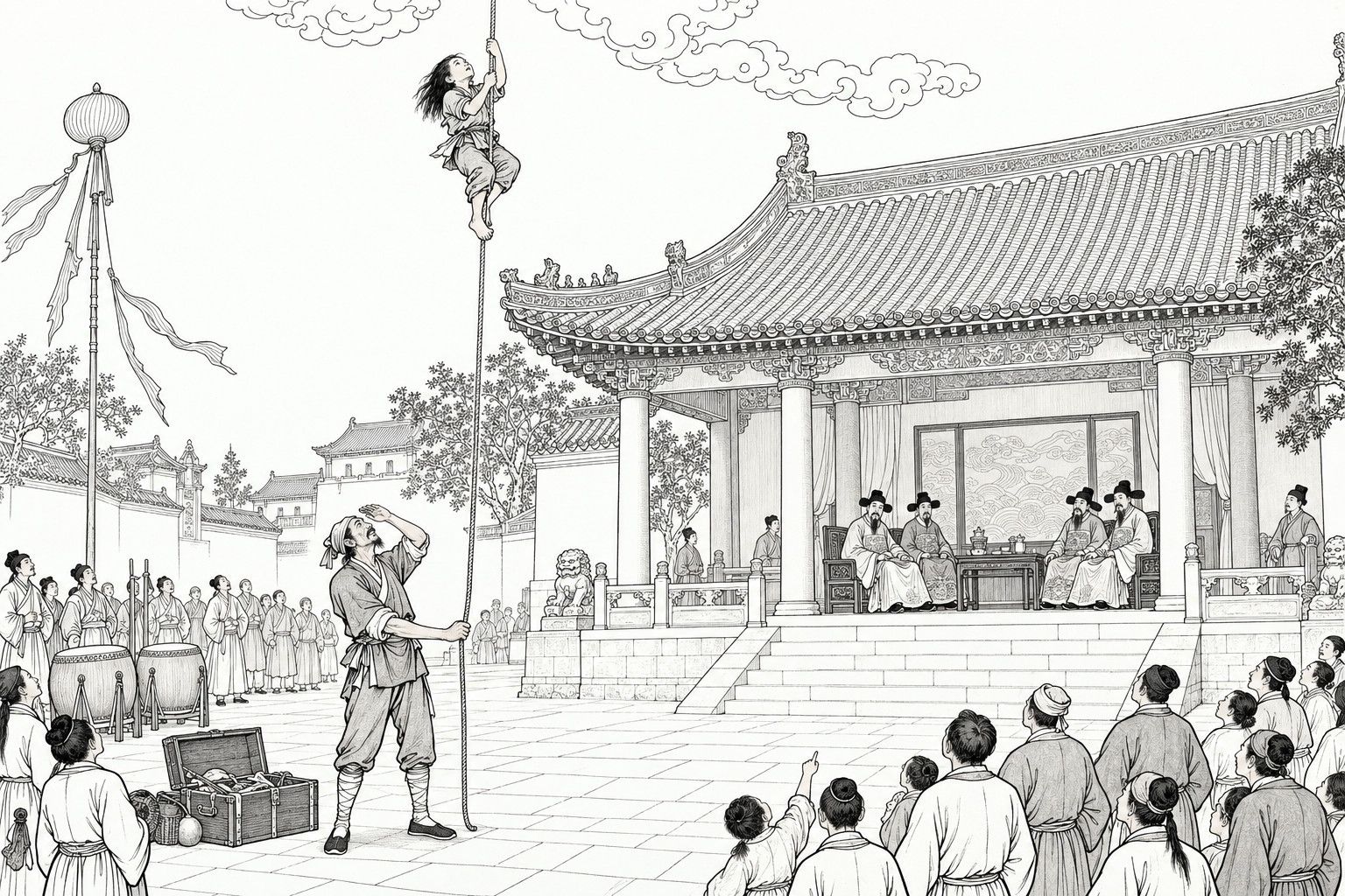 A line drawing in the manner of a late-Qing lithographed edition: in the courtyard before a magistrate's hall, a thin conjuror shades his eyes and looks up the length of a rope that hangs by itself into the clouds, where his young son with loose hair climbs hand over hand; four officials sit in the hall behind, and onlookers crowd the courtyard.