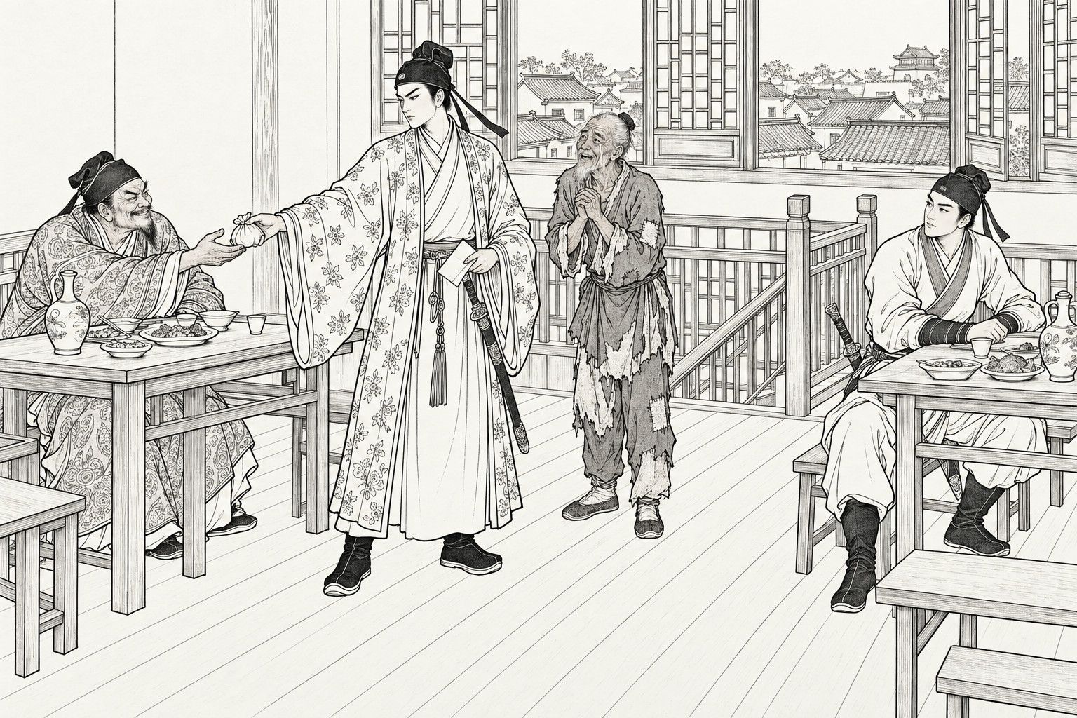 A line drawing in the manner of a late-Qing lithographed edition: upstairs in a wine house in Anping Town, Bai Yutang, in a flower-embroidered cloak, coldly hands a packet of silver to the grinning Miao Xiu at his table, a folded debt bond in his other hand, while the ragged old man stands behind him with his hands clasped in joy and Zhan Zhao looks on from a table at the side.