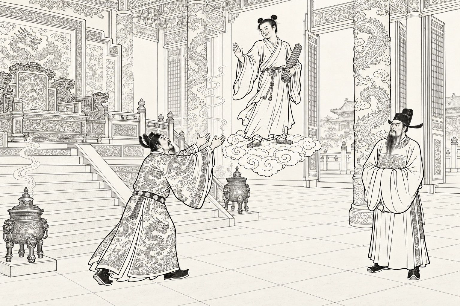 A line drawing in the manner of a late-Qing lithographed edition: in the palace hall, a young Daoist with a drum under his arm stands smiling on a cloud above the floor, an emperor in a dragon-patterned robe stretches both hands up to him at the foot of the throne steps, and a bearded minister stands frowning beside a pillar.