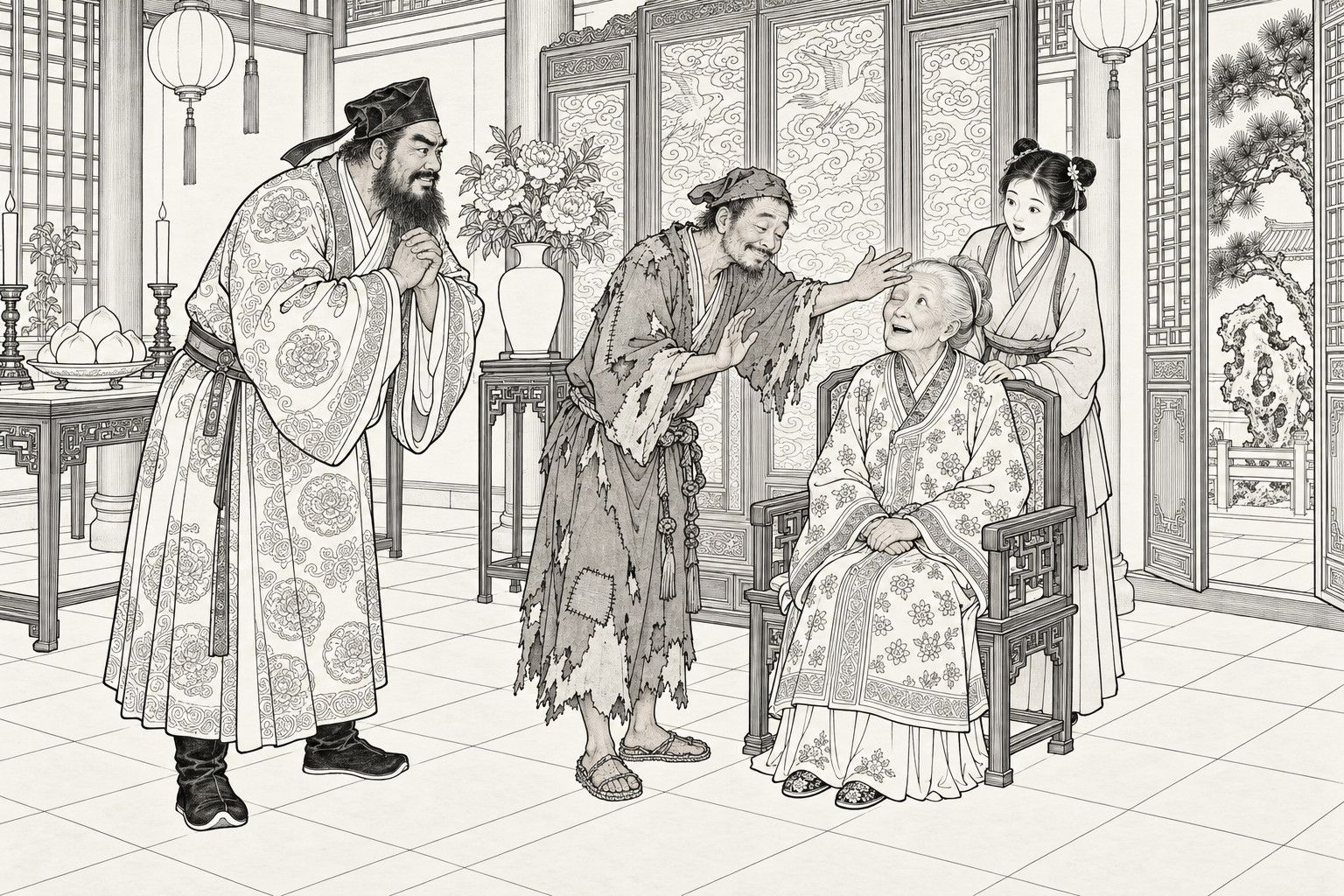 A line drawing in the manner of a late-Qing lithographed edition: in a hall hung with lanterns, an old lady sits in an armchair with one eye open, looking up in wonder as a ragged monk passes his hand over her brow; a maid stands behind the chair with a hand on her shoulder, and her bearded son at the left clasps his hands, smiling.