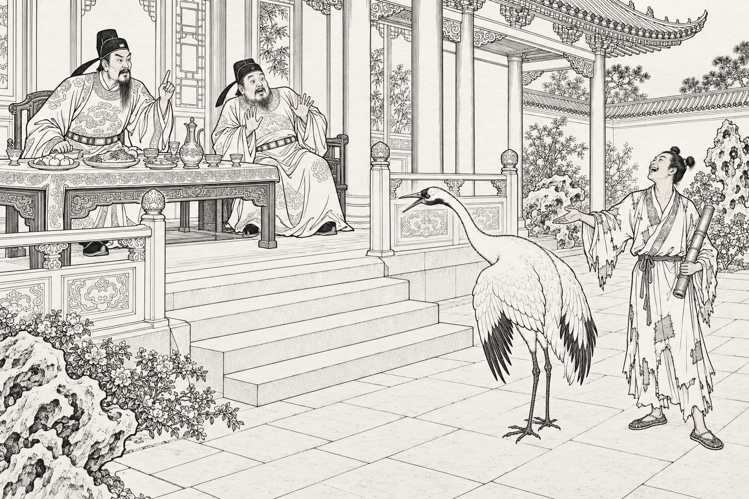 A line drawing in the manner of a late-Qing lithographed edition: at a banquet on a hall terrace, an official points as he poses a verse couplet and a stout old scholar throws up his hands in alarm, while on the paving below a tall white crane answers with its beak open and a laughing young Daoist in a patched robe, a drum under his arm, gestures toward it.