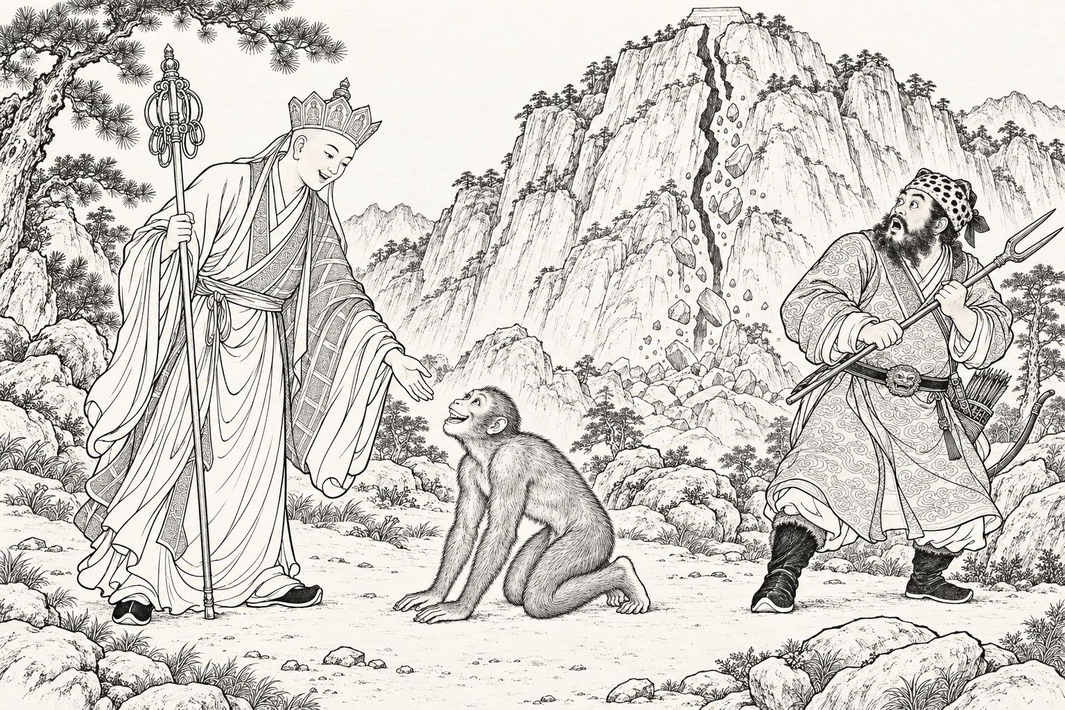 A line drawing in the manner of a late-Qing lithographed edition: at the foot of a mountain split by a long crack with rocks tumbling down it, the freed monkey kneels on hands and knees before the monk Xuanzang and grins up at him, while the monk, holding a ringed staff, bends forward and holds out a hand to raise him; at the right the hunter Liu Boqin, in a spotted cap with a bow and quiver at his belt, steps back with a steel fork across his body, his mouth open in astonishment.