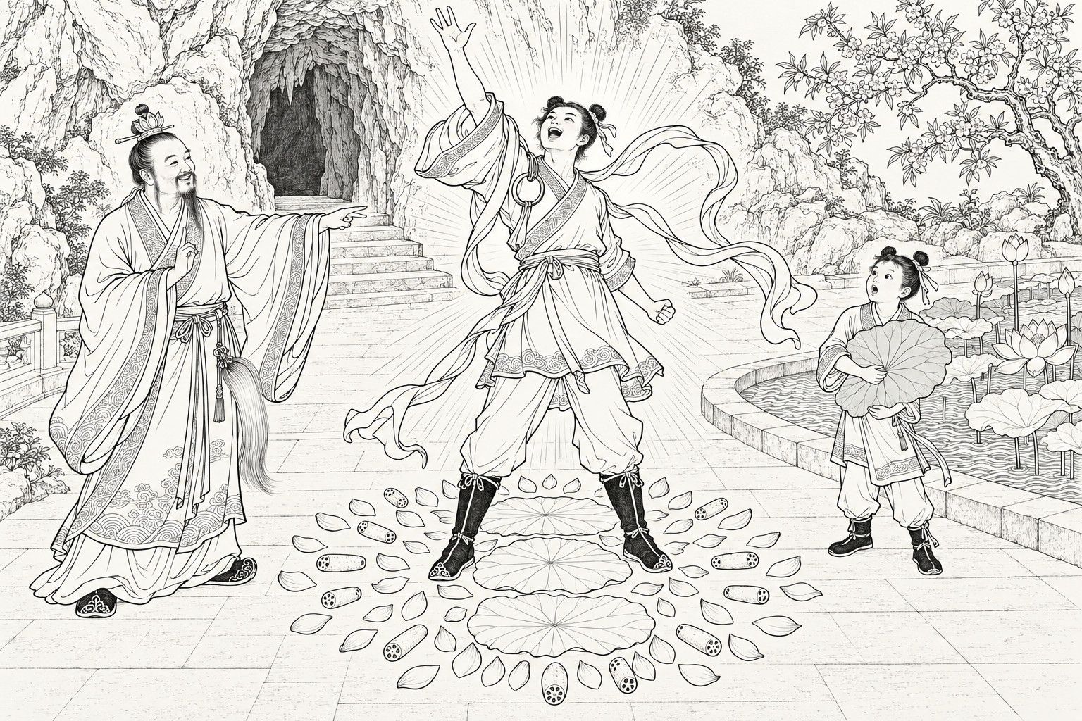 A line drawing in the manner of a late-Qing lithographed edition: in a cave courtyard, a youth with two hair buns, a ring on his shoulder and a streaming silk sash springs up from a ring of lotus petals, leaves and root joints with one arm flung up and rays of light behind him; a smiling Daoist at the left points at him, and a small boy at the right hugs a lotus leaf, wide-eyed.