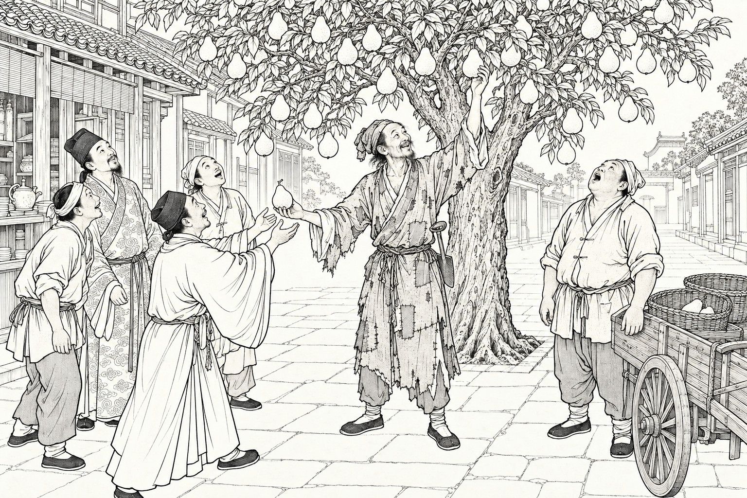 A line drawing in the manner of a late-Qing lithographed edition: on a market street, a ragged Daoist stands under a pear tree hung with large pears, reaching up to pick one and holding another out to an onlooker; four onlookers look up in delight at the left, and at the right a pear seller beside his cart stares up at the tree with his mouth open.