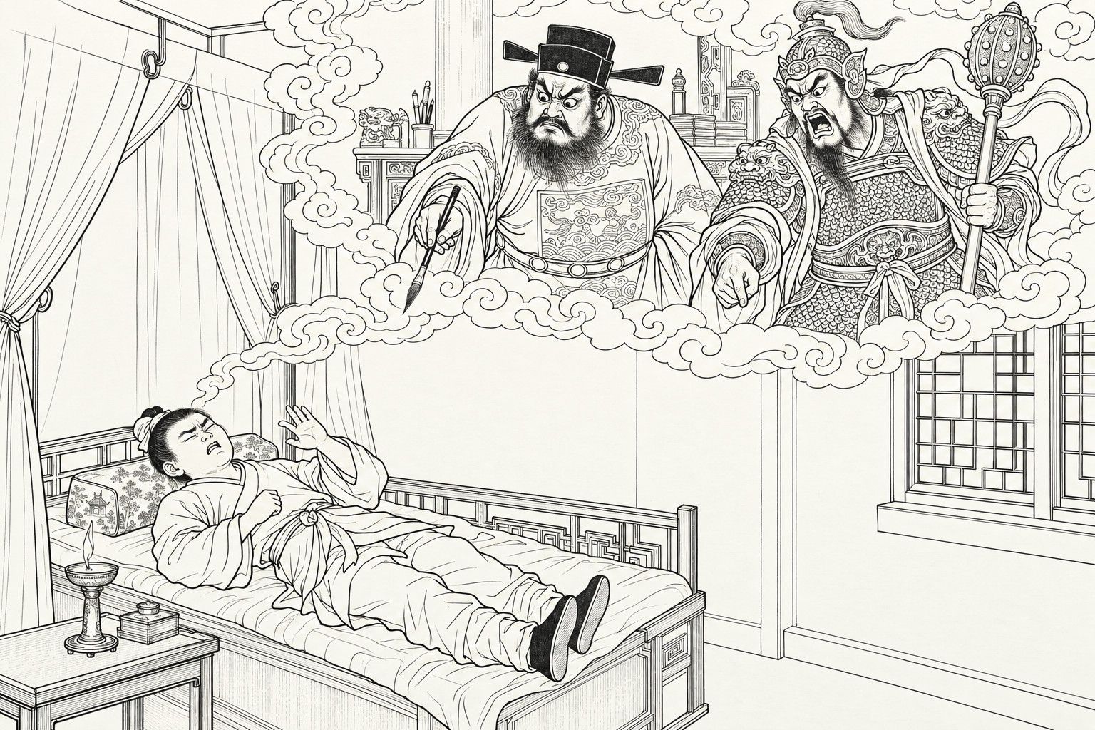 A line drawing in the manner of a late-Qing lithographed edition: at night the page boy Bao Xing lies asleep on the Pillow of Immortal Journeys, frowning and raising one hand, while in the cloud rising from his head a judge of the dead points a writing brush down at him and an armoured warrior with a mace bellows at him.
