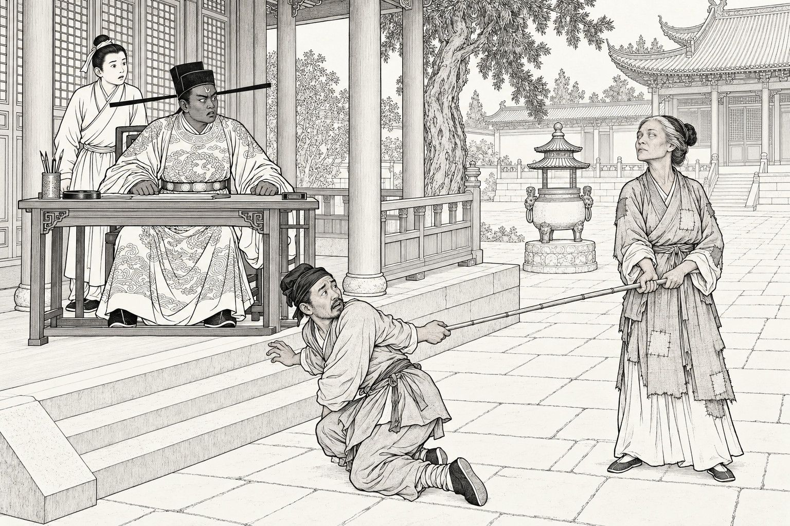 A line drawing in the manner of a late-Qing lithographed edition: by day in the courtyard of a country temple, a stern dark-faced official in a winged black hat sits at a desk under the veranda with a young page standing behind him, while a kneeling constable twists round and tugs at a long bamboo stick, and a ragged, patched blind woman at the other end stands upright and pulls it back, with a bronze incense burner, an old tree and distant temple eaves behind.
