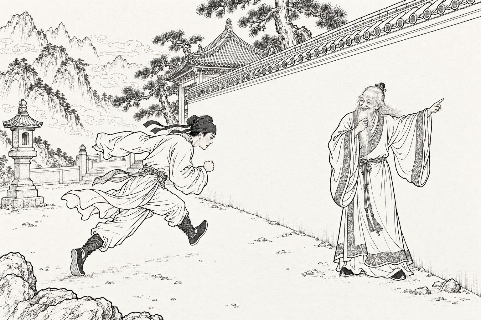 仿清末石印本的线描：山上道观的院子里，裹头巾的青年书生低着头、衣袖飞扬，朝一堵高高的白墙狂奔；白须老道士站在墙边，一手抬起指向墙，含笑看着。