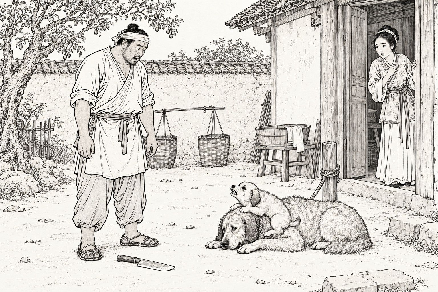 A line drawing in the manner of a late-Qing lithographed edition: in a courtyard, a stunned dog-meat seller in a headband stands with his arms hanging, a cleaver lying on the ground before him; at the right a tied-up old dog lies on the ground with a puppy stretched across its neck, baring its teeth with a tear on its cheek, and his wife looks on, frightened, from the doorway.