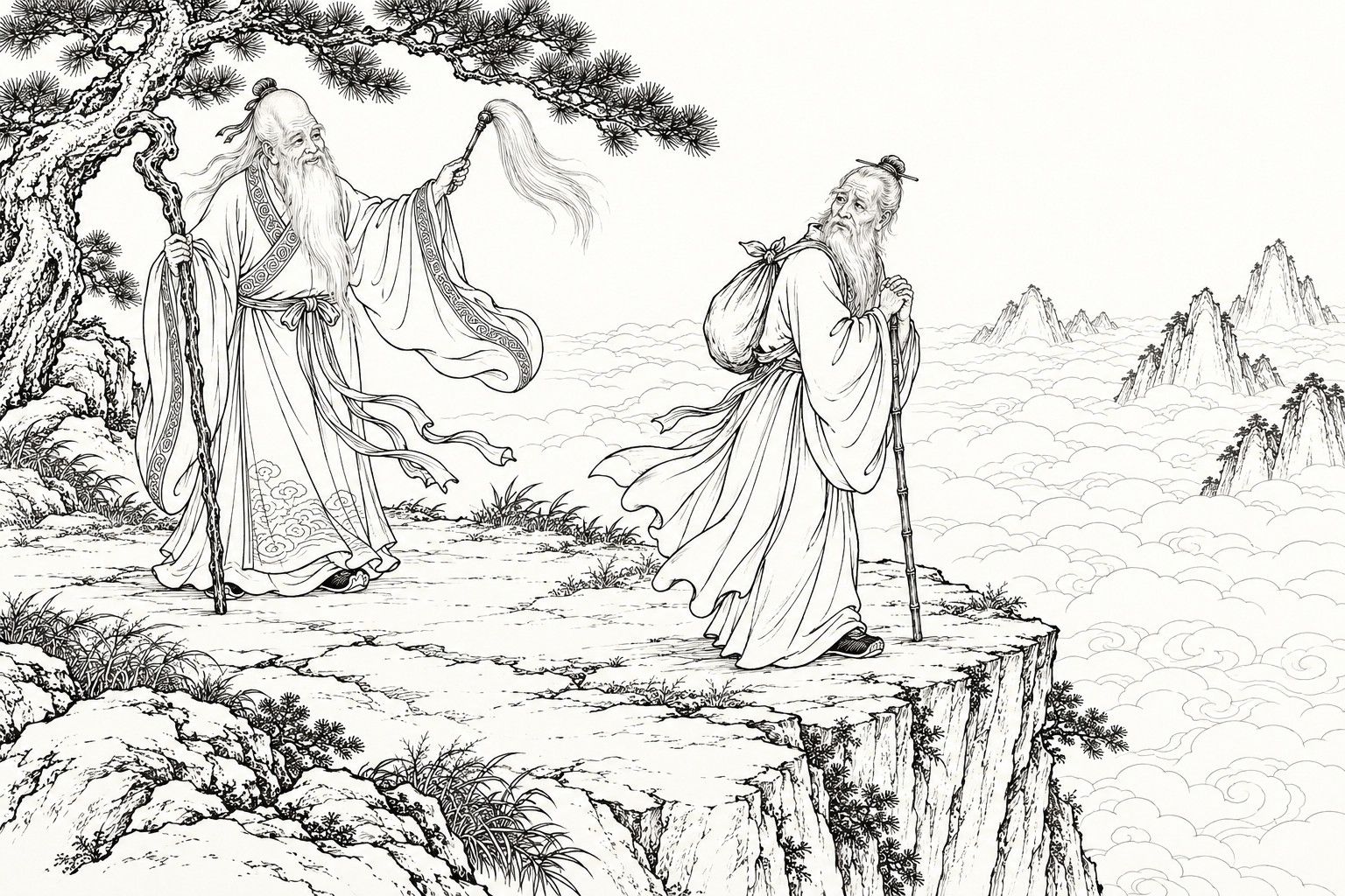 A line drawing in the manner of a late-Qing lithographed edition: on a cliff top above a sea of clouds, a white-bearded immortal with a high forehead leans on a knotted staff under an old pine and raises a fly whisk in farewell, while the old Daoist Jiang Ziya, a bundle on his back and a bamboo staff in his hands, turns back to look at him with a wistful face.