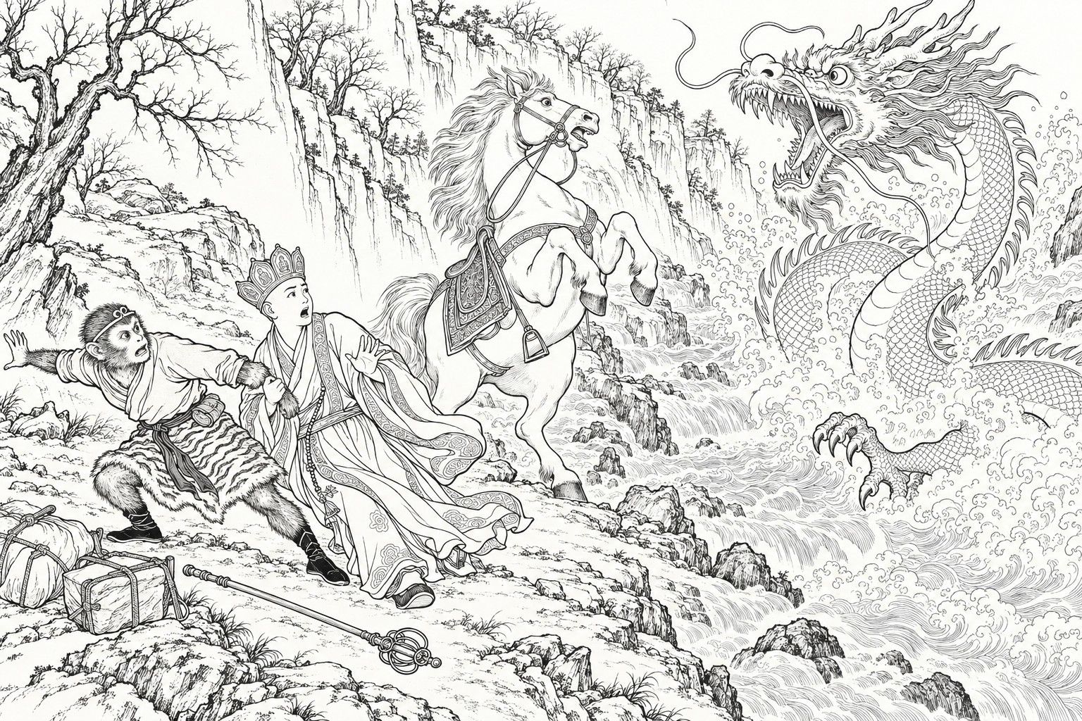 A line drawing in the manner of a late-Qing lithographed edition: beside a rushing mountain torrent in winter, a great dragon rears out of the foaming water with its jaws open and one claw on the rocks; Sun Wukong, in a tiger-skin kilt and headband, flings out one arm and drags the monk Xuanzang back by the arm, the monk stumbling with his mouth open, while the white horse rears beside them and two bundles and the monk's ringed staff lie on the ground.