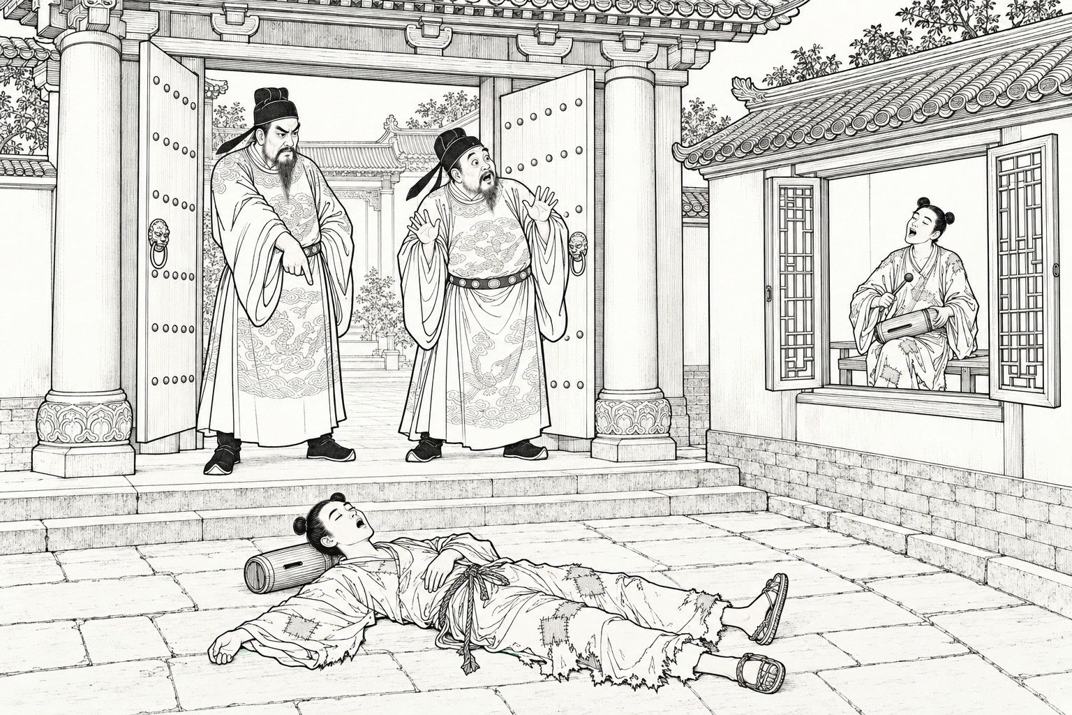 A line drawing in the manner of a late-Qing lithographed edition: outside the great gate of a minister's mansion by day, a shabby young Daoist lies asleep on his back on the paving with his head on a fish drum and his mouth open; at the window of the side room beside the gate an identical young Daoist sits beating a fish drum and singing, while in the gateway the bearded master of the house points angrily down at the sleeper and the plump old scholar beside him stares at the window with both hands raised in wonder.