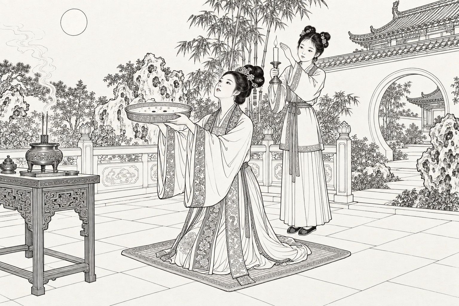 仿清末石印本的線描：月夜的花園平臺上，包公夫人李氏跪在香案前的墊子上，雙手捧著古今盆，盆裡聚著露珠，她仰臉望天，身後的小丫鬟舉著蠟燭，用手護著火苗。