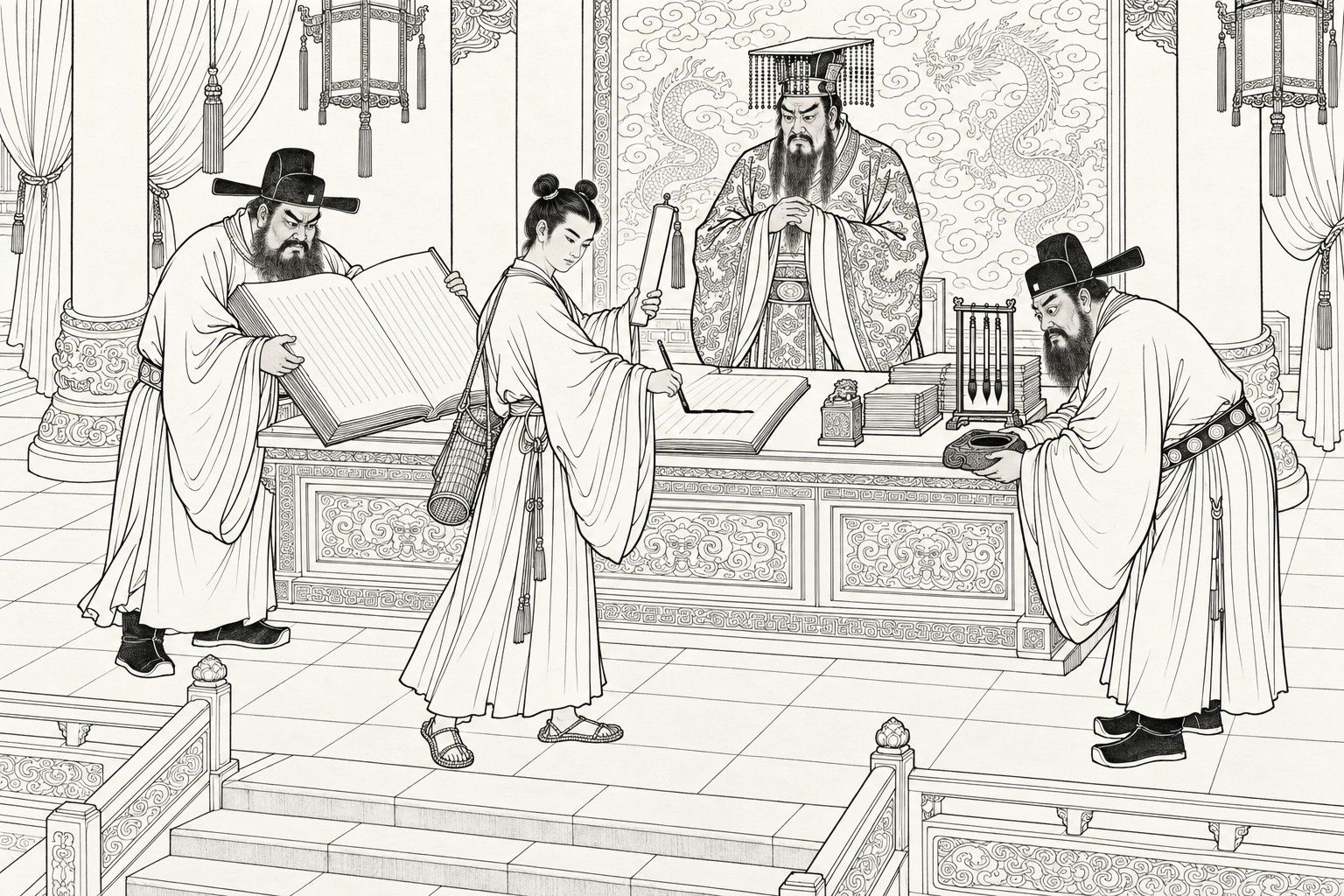 A line drawing in the manner of a late-Qing lithographed edition: in the hall of the underworld, a young immortal holding a tablet in one hand strikes out a page in the open register on the desk with a brush, while a bearded judge holds up a huge open book, another judge bends to offer an inkstone, and the king stands behind the desk with his hands joined.
