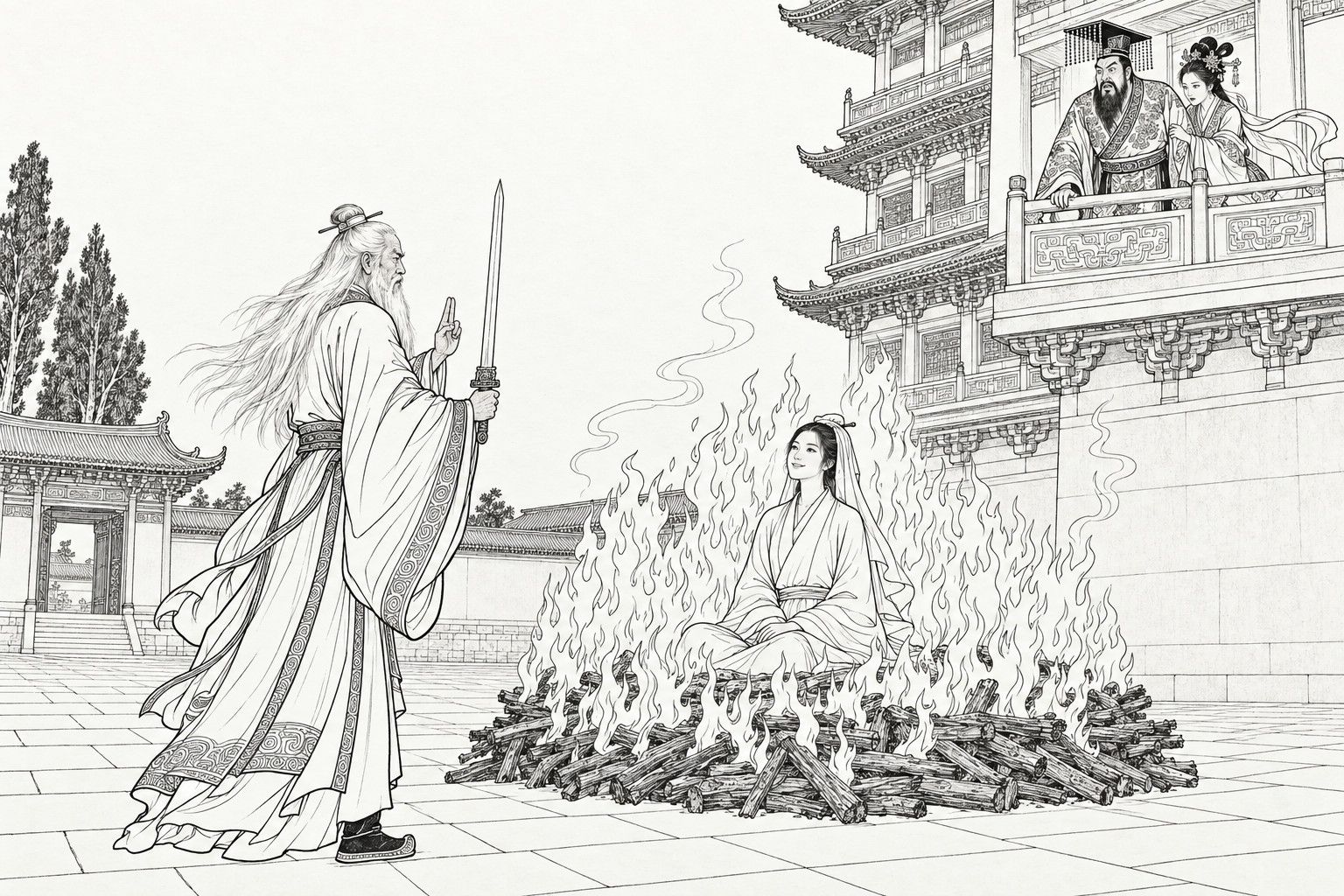 仿清末石印本的線描:宮院裡,披髮的白髮老道一手掐訣、一手豎劍,面對一座柴堆;一位素衣白巾的年輕女子在跳動的火焰中安然端坐,面帶微笑;高樓的陽臺上,長鬚的君王與身旁的妃子俯身觀看。