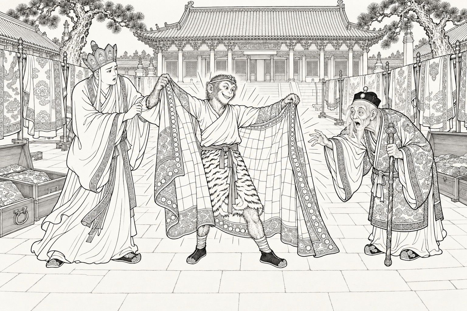 A line drawing in the manner of a late-Qing lithographed edition: in a temple courtyard hung with racks of embroidered robes, with open chests along the sides, Sun Wukong grins and holds up Xuanzang's checked kasaya, shaken fully open, its border set with beads, while Xuanzang at the left tugs anxiously at the monkey's sleeve and the stooped old abbot at the right, leaning on his staff, gapes at the robe with one hand stretched out.