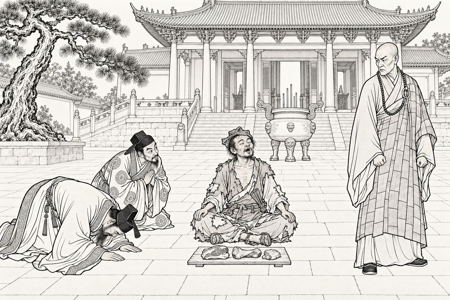 A line drawing in the manner of a late-Qing lithographed edition: before the main hall of a great temple, a ragged monk sits cross-legged with his eyes shut and a board of meat set in front of him; two gentlemen kneel at the left, one with his forehead to the ground, while a stern monk in a patchwork kasaya stands at the right with clenched fists, glaring.