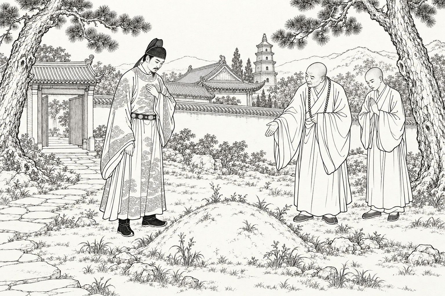 A line drawing in the manner of a late-Qing lithographed edition: in daytime in the burial ground beside a hillside temple, a richly dressed gentleman in a black gauze cap and embroidered round-collared gown stands with one hand at his chest, looking down at a small weedy grave mound, while an older monk with prayer beads stretches out an arm toward it and a young novice beside him joins his palms, with old pines, a temple wall and gate, a pagoda and distant hills behind.