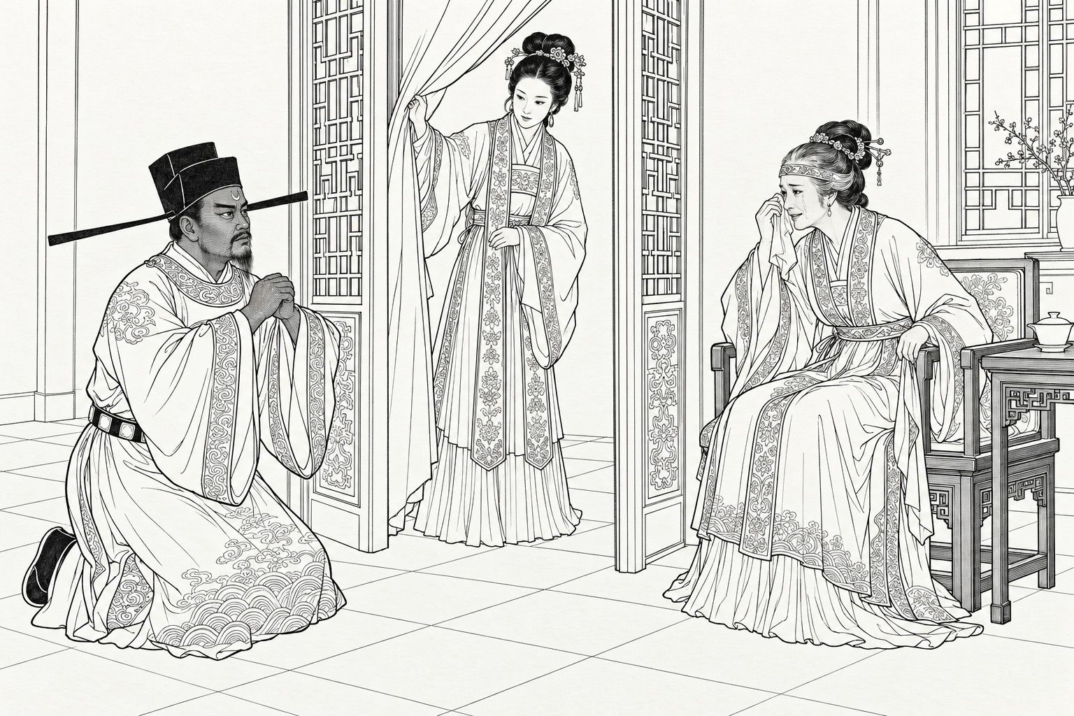 A line drawing in the manner of a late-Qing lithographed edition: Lord Bao, in his court robes, kneels upright with his hands joined as his wife, Lady Li, holds up the door curtain, and in the inner room the Empress Dowager sits in an armchair, turned toward him, wiping away her tears with a handkerchief.