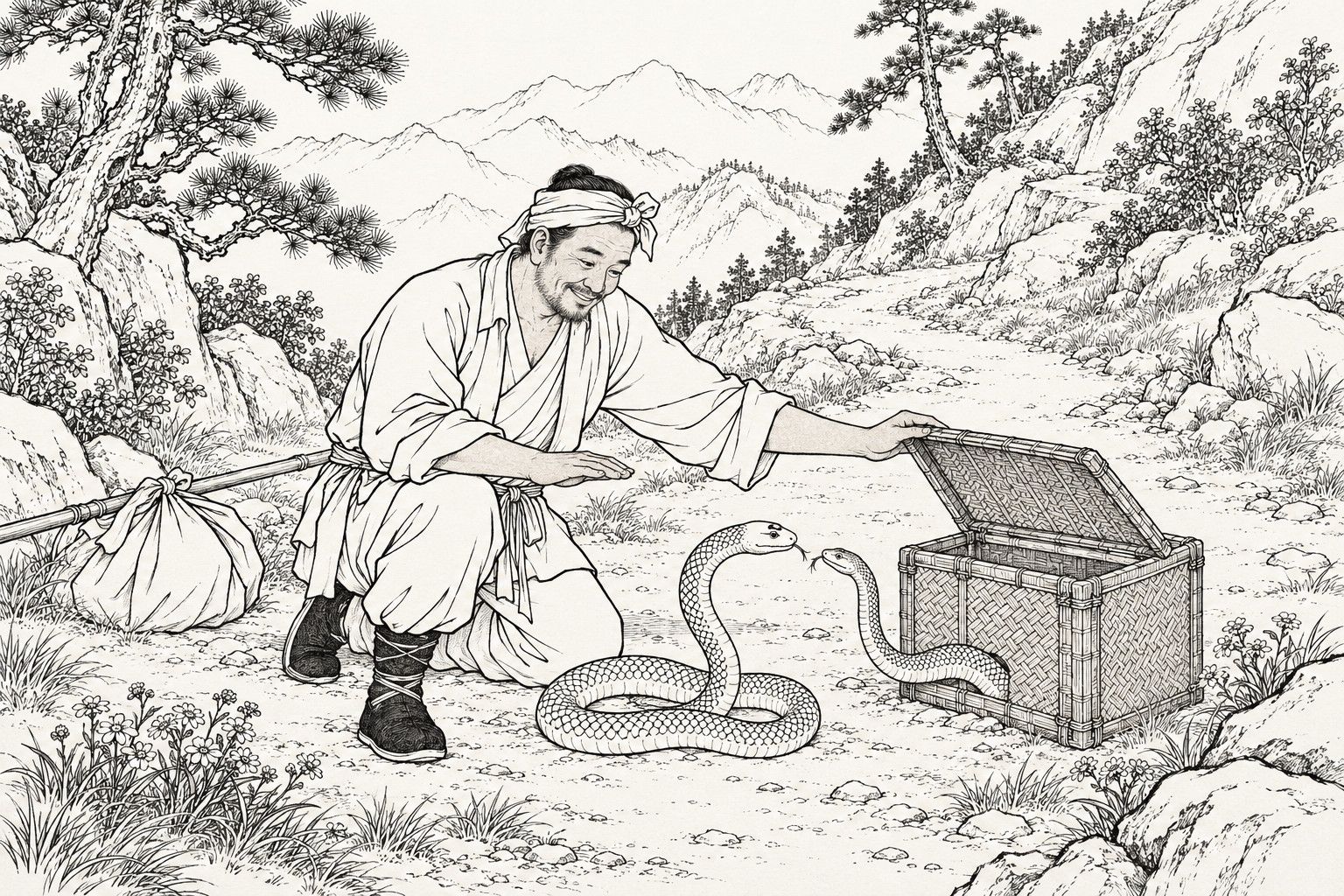 A line drawing in the manner of a late-Qing lithographed edition: on a mountain path, a smiling snake-handler in a headband kneels and lifts the lid of a woven bamboo chest, from which one snake puts out its head to touch tongues with another snake rearing up from its coils on the ground; his bundle on a carrying pole lies beside him.