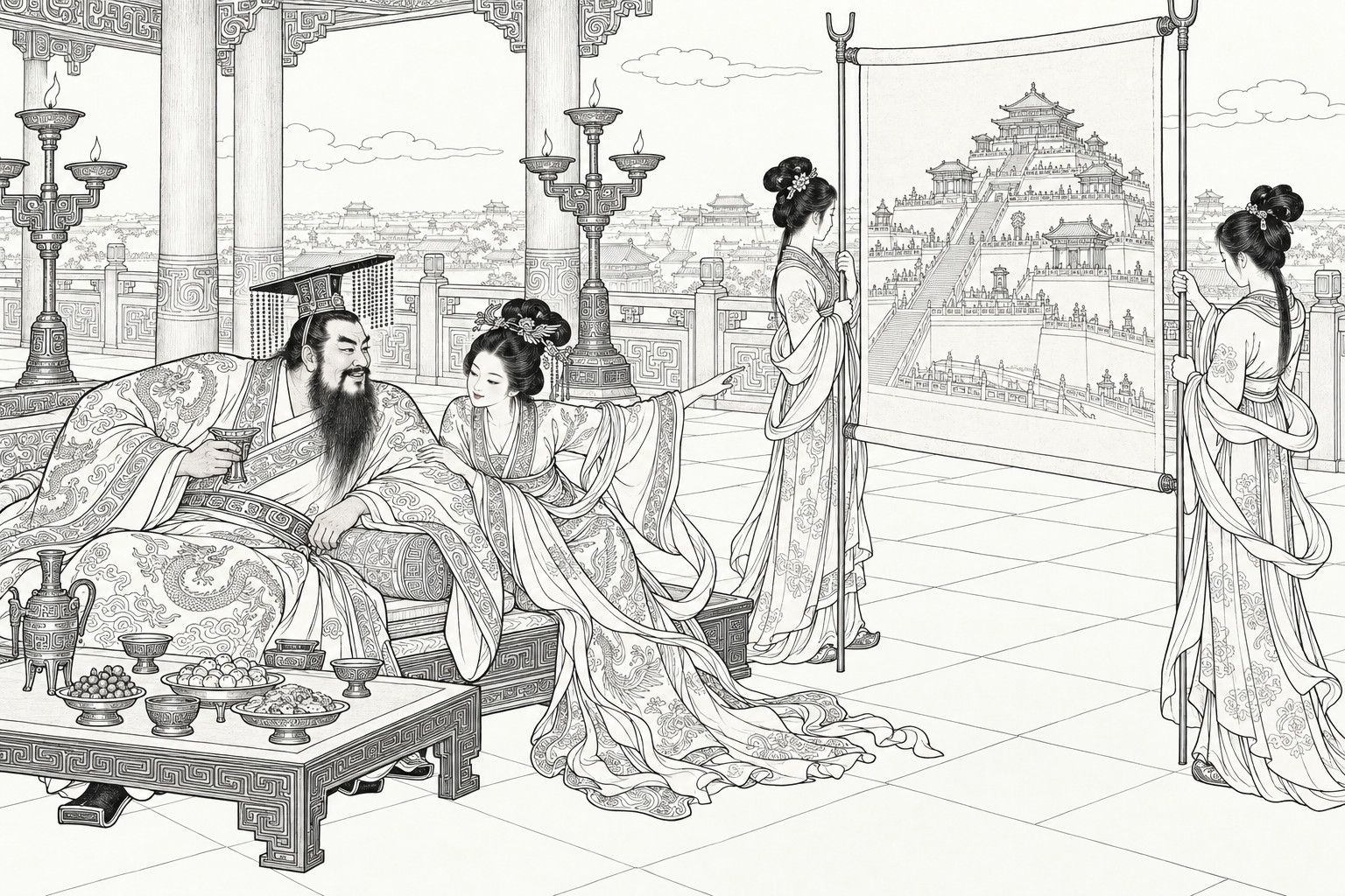 仿清末石印本的線描:摘星樓上,紂王端著酒杯斜倚榻上,妲己跪在他身旁,指向兩名宮女用叉竿挑起的大卷軸,卷中畫著一座層層疊疊的高臺。