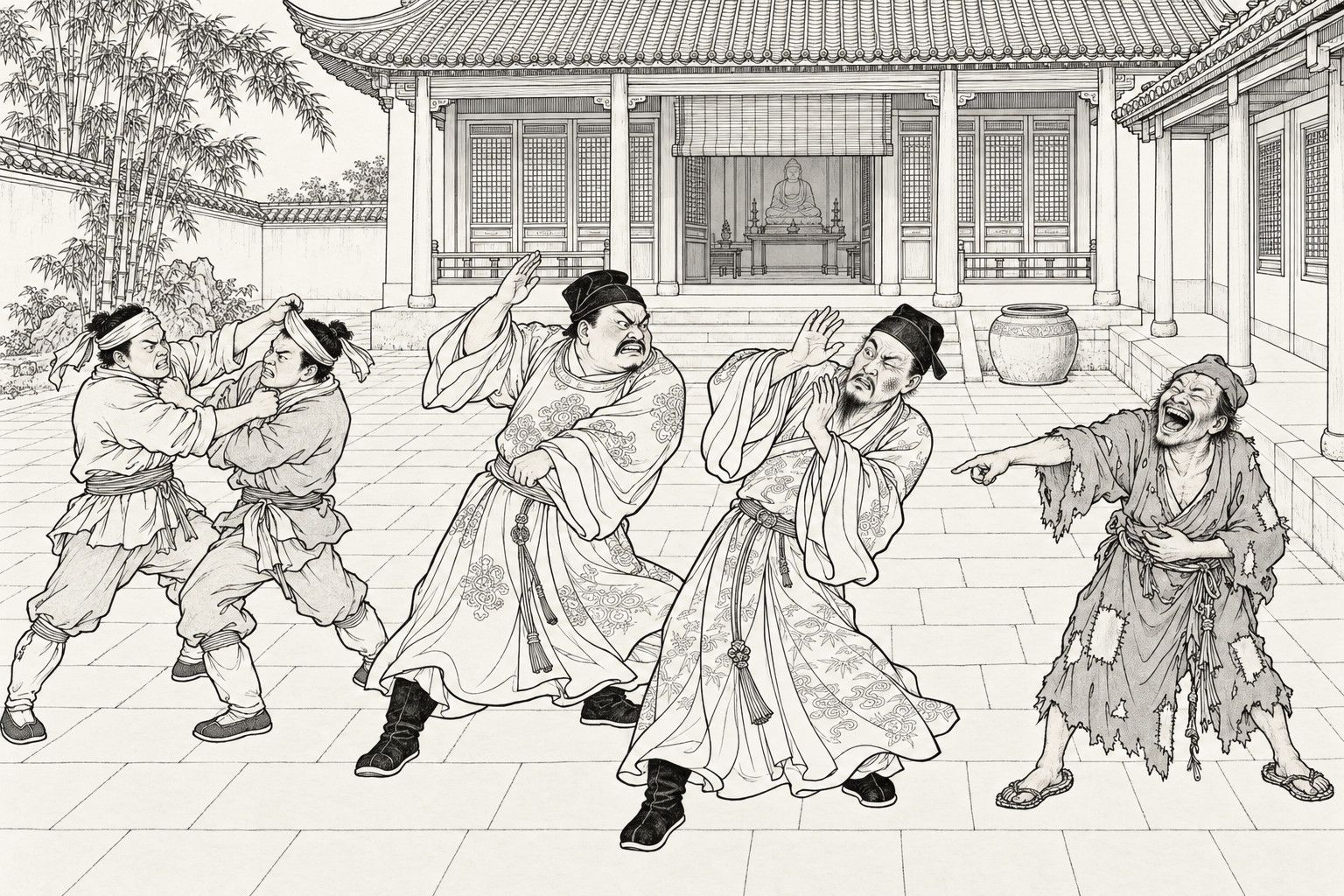 A line drawing in the manner of a late-Qing lithographed edition: in a temple courtyard, a ragged monk at the right doubles over laughing and points at four men brawling: a steward swings his open hand at the cheek of a second steward who cringes back with his arms raised, while two servants in headbands grip each other's collars.