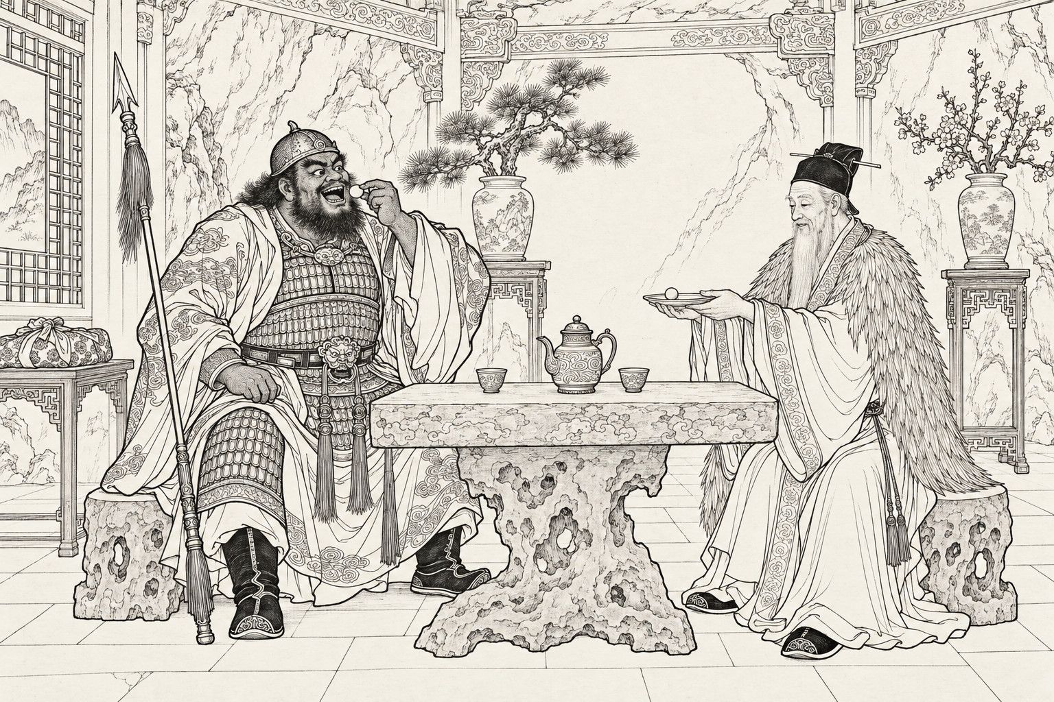 仿清末石印本的线描：白昼洞府厅堂，石板铺地，一位披甲长须的黑脸大汉坐在雕花石桌旁，咧嘴笑着把一粒丹丸举到嘴边；对面鹤氅黑冠的长须老道双手托盘，盘中还有一粒丹丸，桌上有茶壶茶盏，旁有长缨枪、格窗，身后有插着松枝和花枝的花瓶。