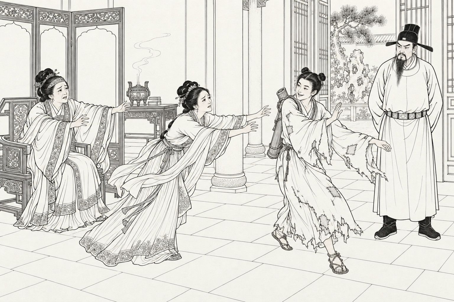 A line drawing in the manner of a late-Qing lithographed edition: in a family hall, a young wife lunges forward with outstretched arms to catch a laughing young Daoist in a tattered, patched robe who swings aside out of her reach, while an elderly lady in an armchair stretches out her hands and a stern bearded man stands watching with his hands behind his back.